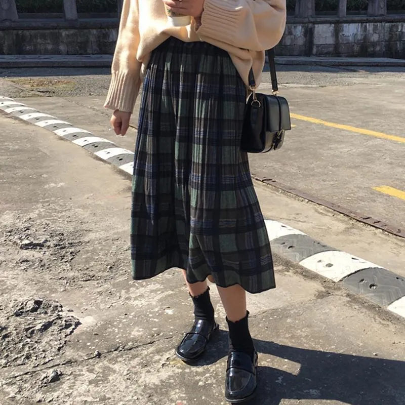 Girlary-shop teacher outfits Woolen Plaid Pleated Skirt Women's Autumn and Winter New Retro Skirt Versatile High Waist Slimming Mid-Length Pleated Skirt