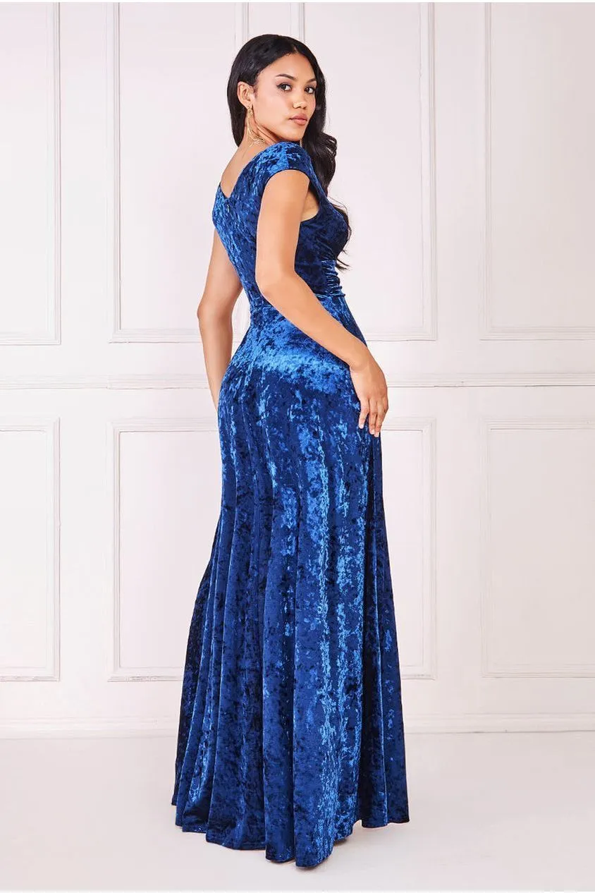 Goddiva Ice Velvet Bardot Wrap Maxi - Navy