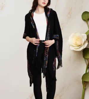 JC063340 Black-Multi Rainbow-Edged Hooded Open-Front Poncho