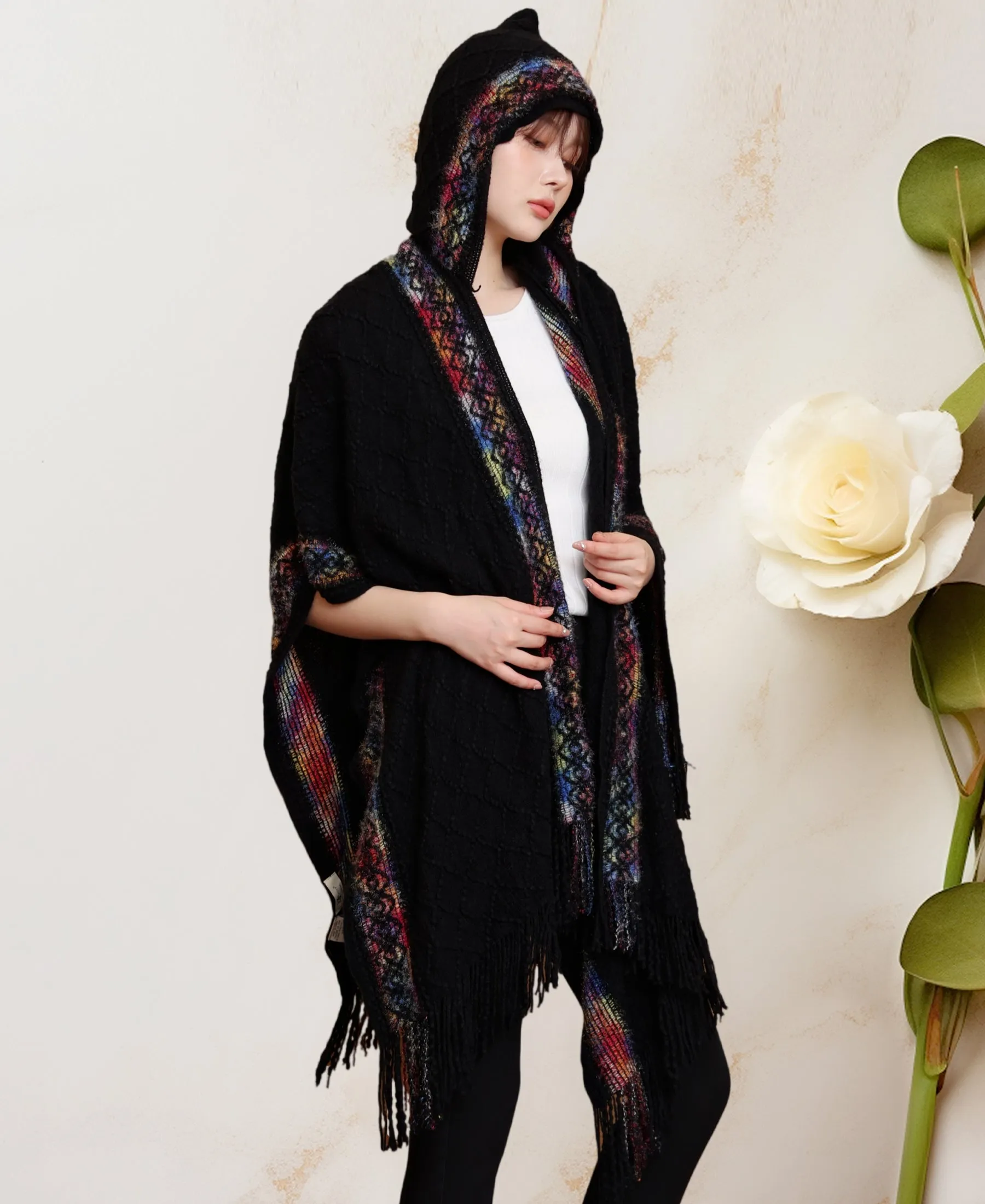 JC063340 Black-Multi Rainbow-Edged Hooded Open-Front Poncho