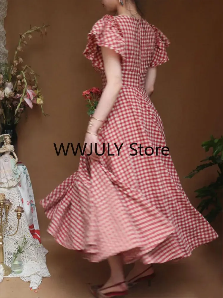 Joskka Elegant Plaid Midi Dress Woman French Style Short Sleeve Dress Even Party Casual Fashion Dress Lace Design  Summer Chic