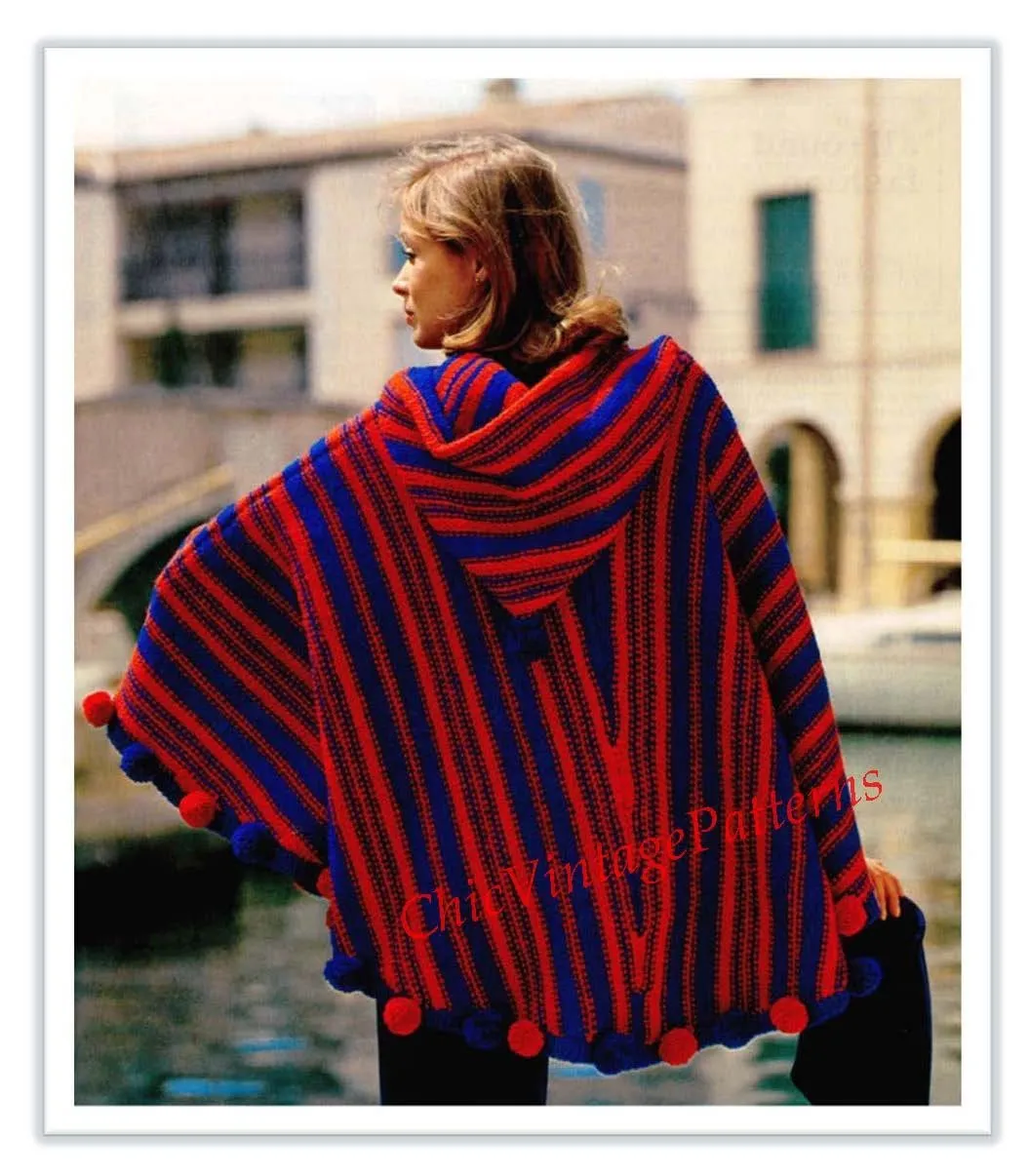 Knitted Poncho Pattern, Ladies Hooded Poncho, Instant Download