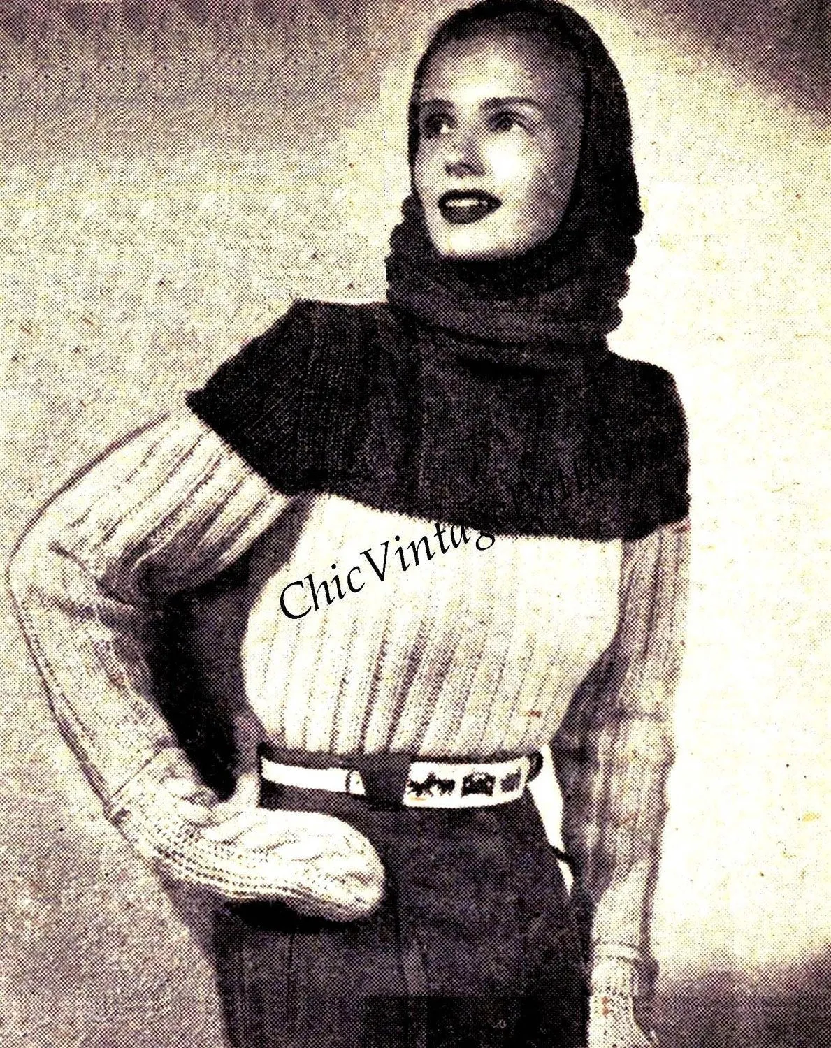 Knitted Sweater, Hood and Mittens Pattern, 1940's Ski-ing Set, Instant Download