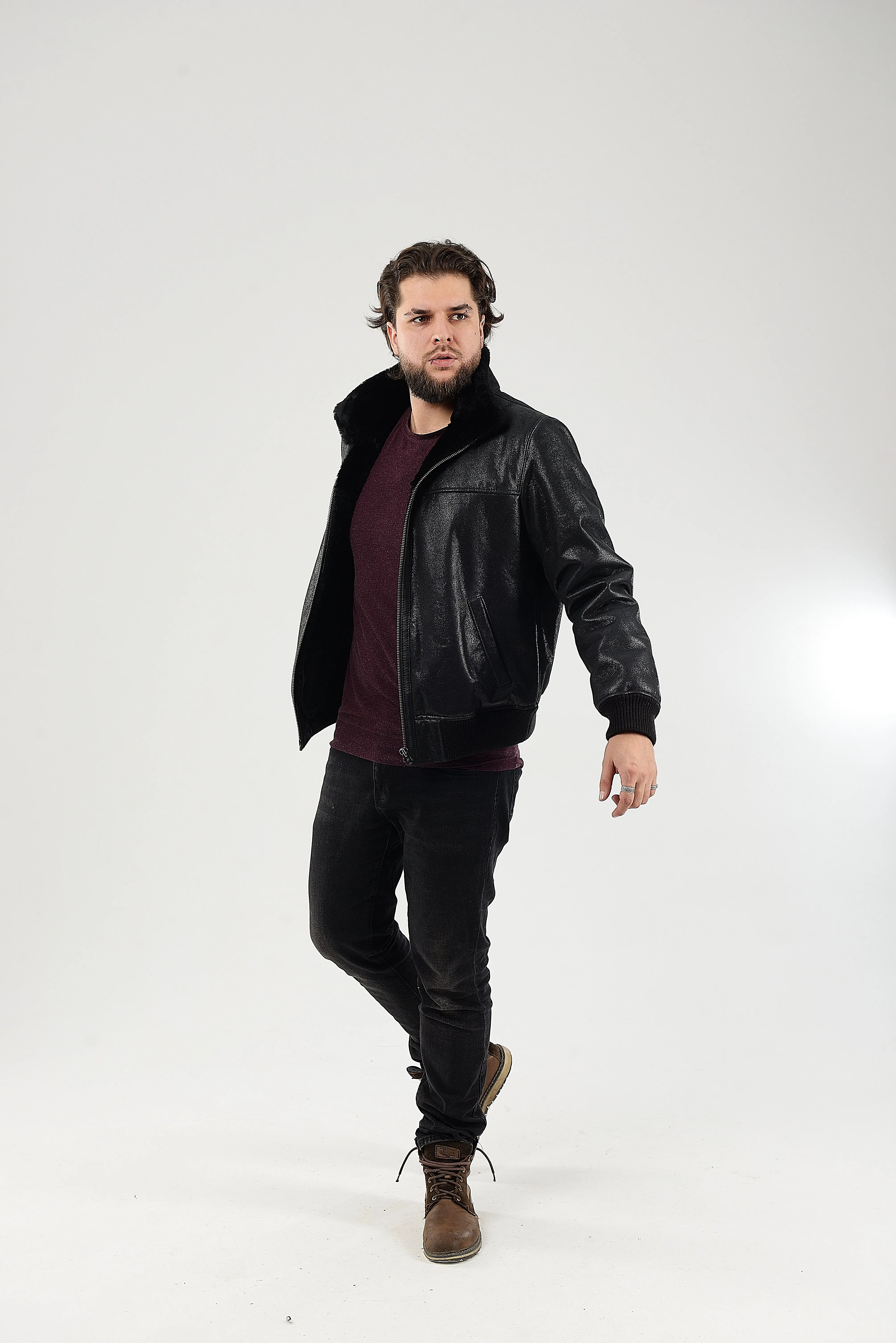 Lightweight Real Shearling Sheepskin Leather Mens Jacket in Black Color