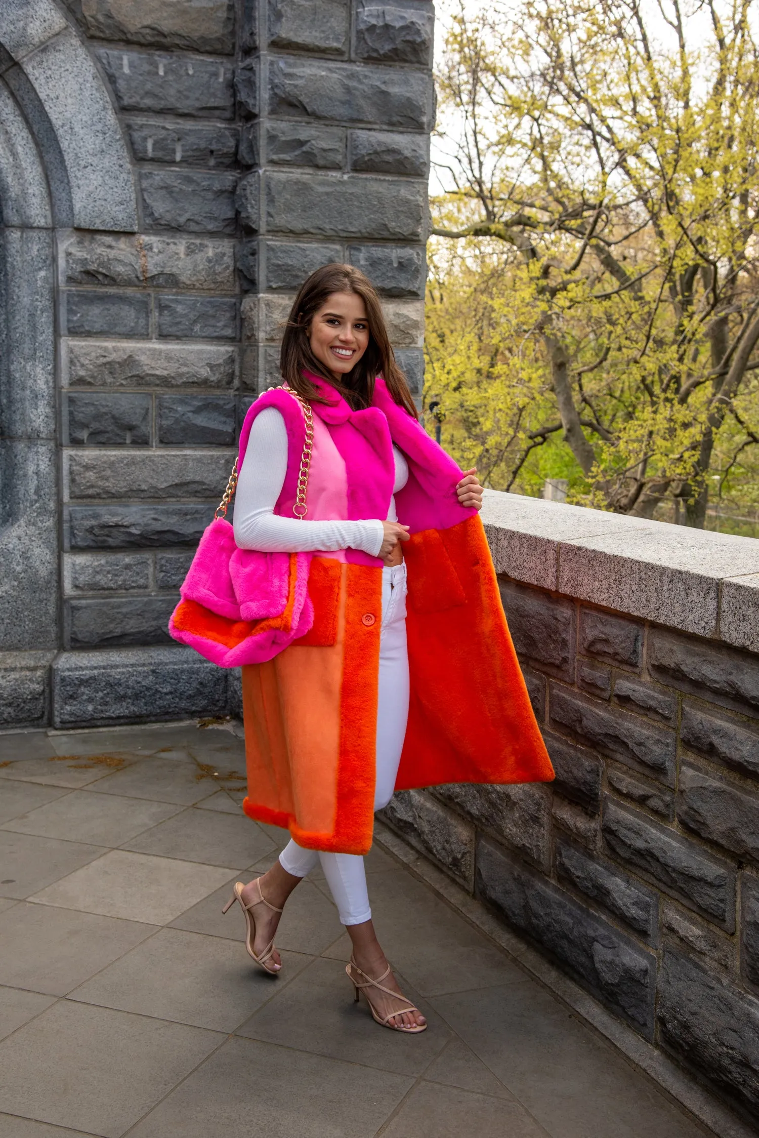 Long Faux Fur Reversible Vest - Pink/Orange