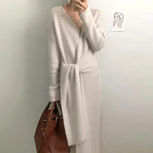 Luexco Belted Wrap Poly-Cashmere Woolen V Neck Knitted Dress