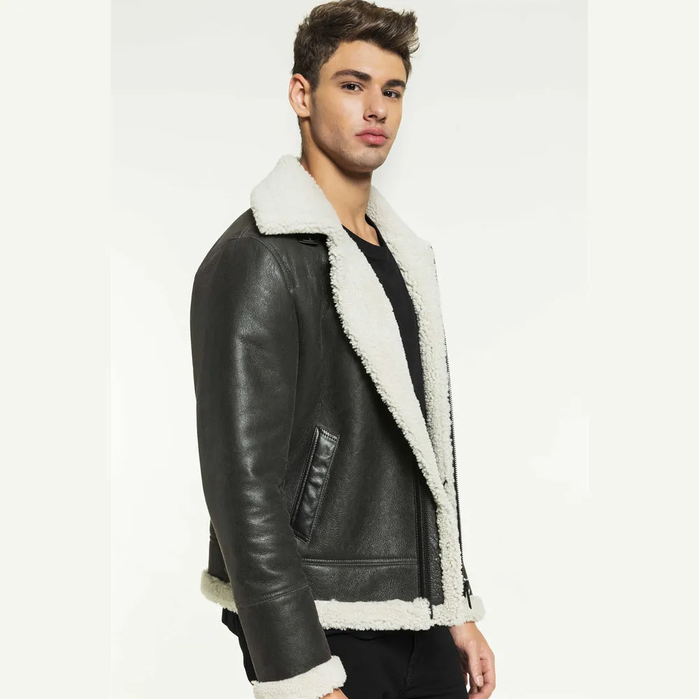 Men Aviator Grizzly Grey Shearling Jacket