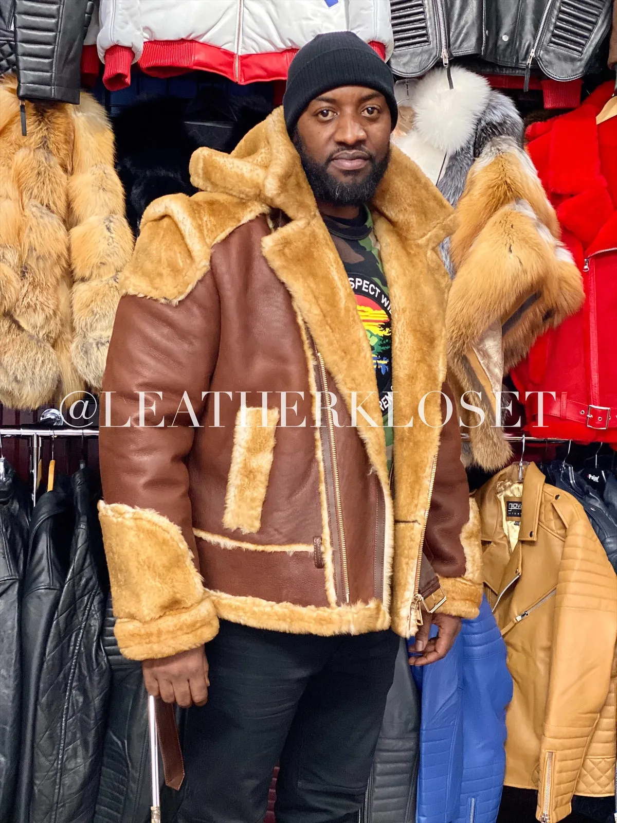 Mens Andre Shearling Biker Classic With Hood [Cognac]