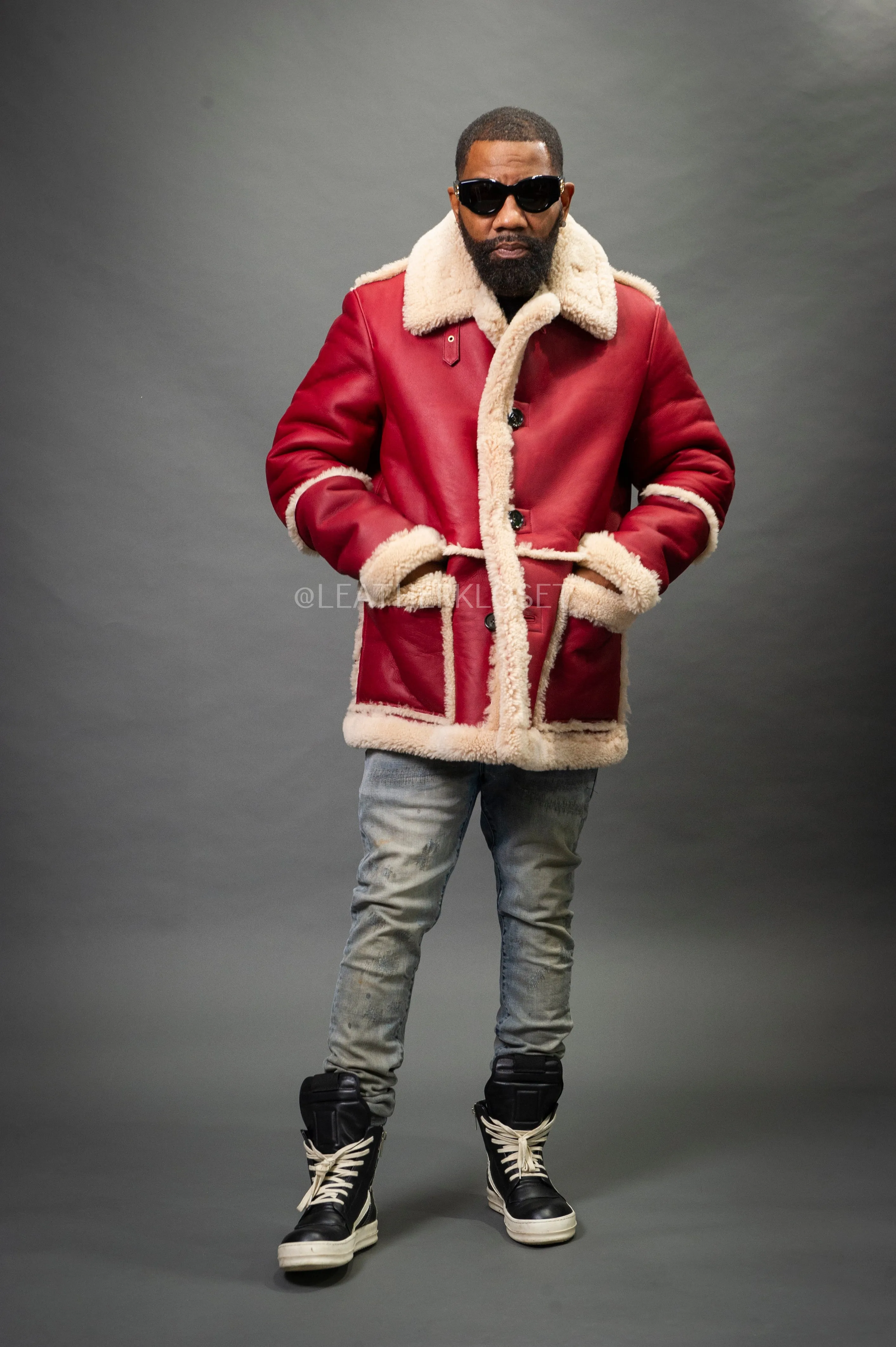 Mens Asher Sheepskin Shearling Coat [Fire Engine Red]