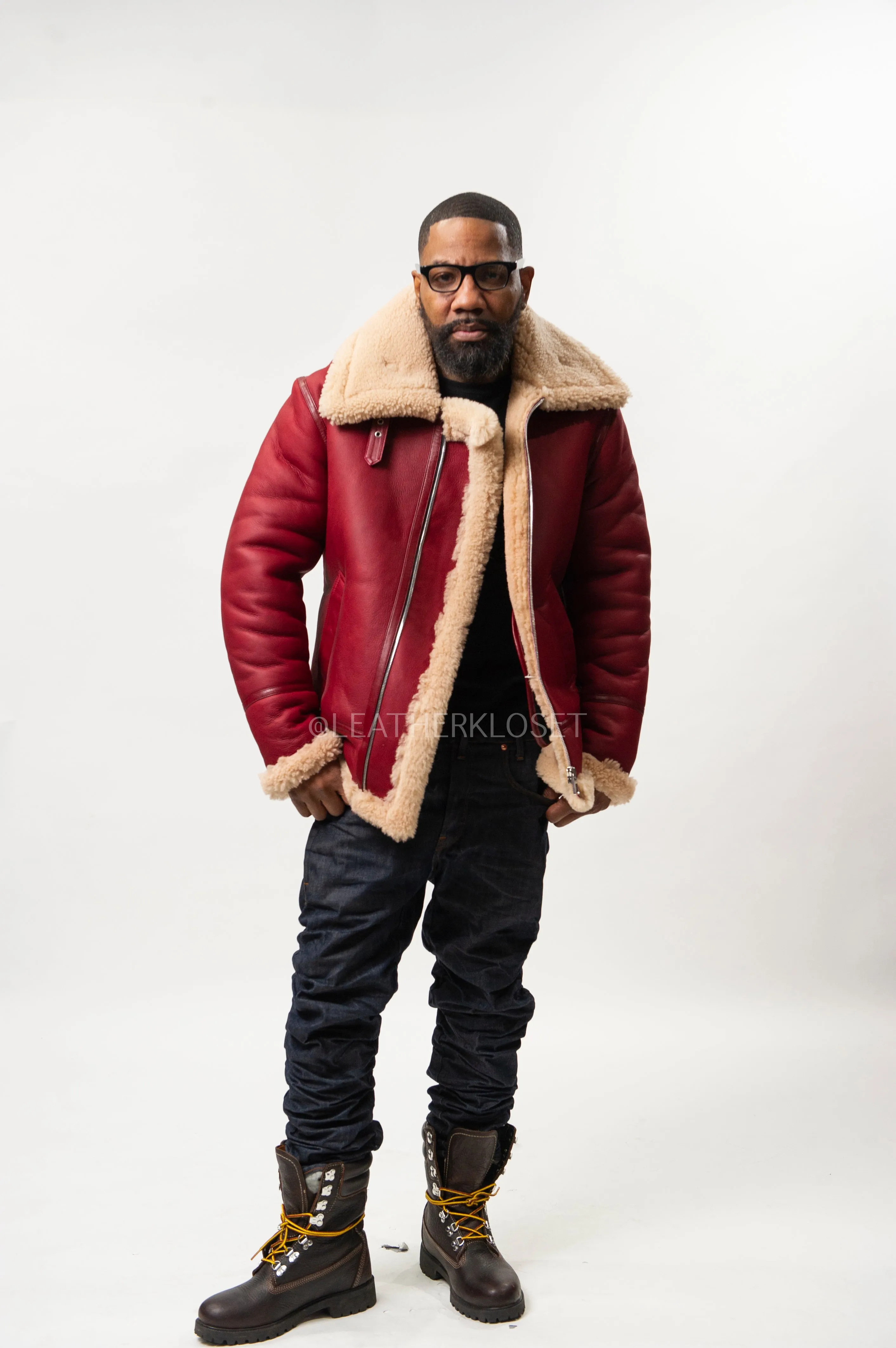 Men's B-3 Bomber Classic Sheepskin Shearling [Fire-Engine Red]