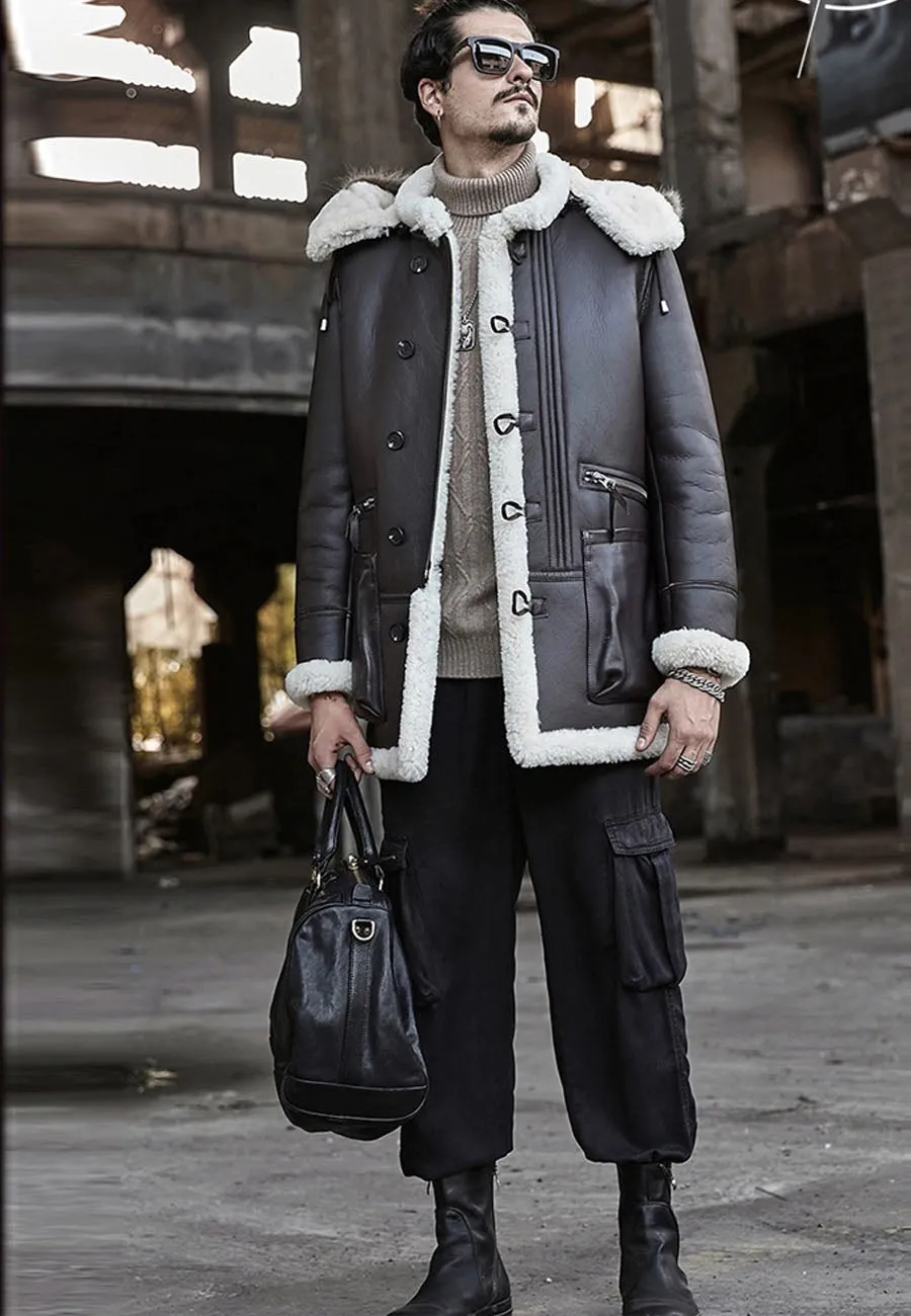 Men’s Black Leather White Shearling Removable Hooded Long Coat