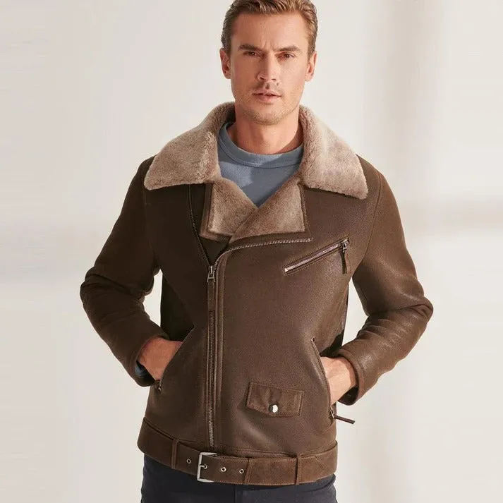 Men's Brown Biker Shearling Aviator Leather Jacket