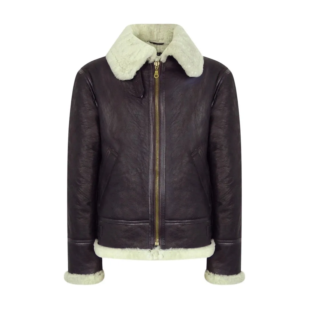 Men's Brown Sheepskin Zip Flying Jacket Pilot Flight Ginger Cream