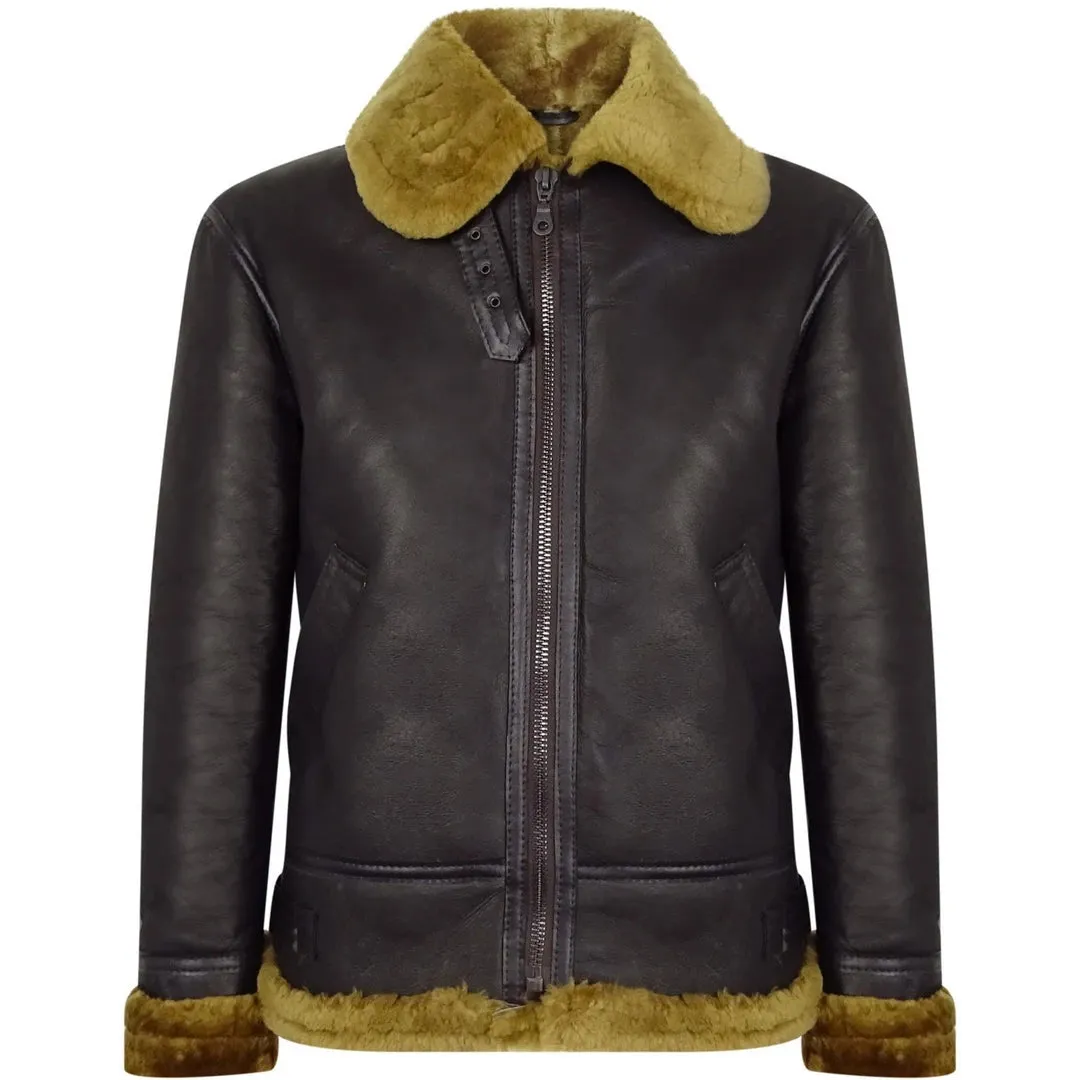 Men's Brown Sheepskin Zip Flying Jacket Pilot Flight Ginger Cream