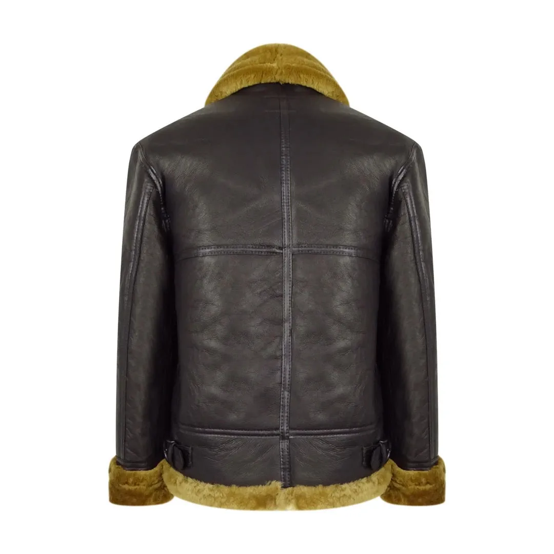 Men's Brown Sheepskin Zip Flying Jacket Pilot Flight Ginger Cream