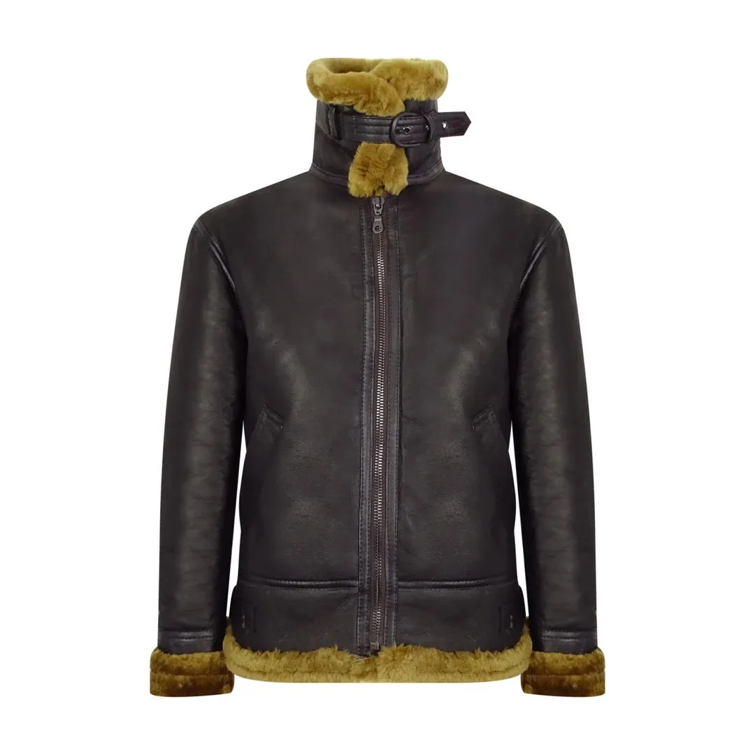 Men's Brown Sheepskin Zip Flying Jacket Pilot Flight Ginger Cream