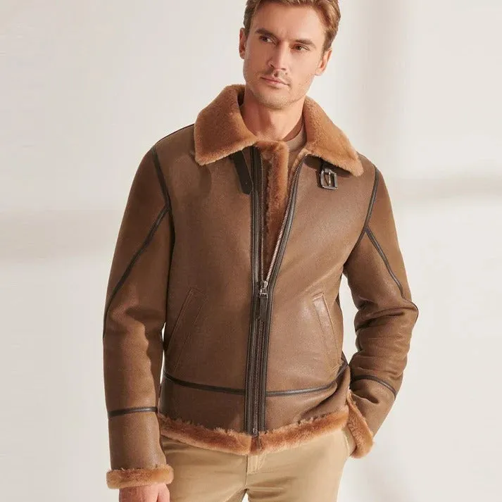 Men's Camel Brown B3 Shearling Aviator Jacket