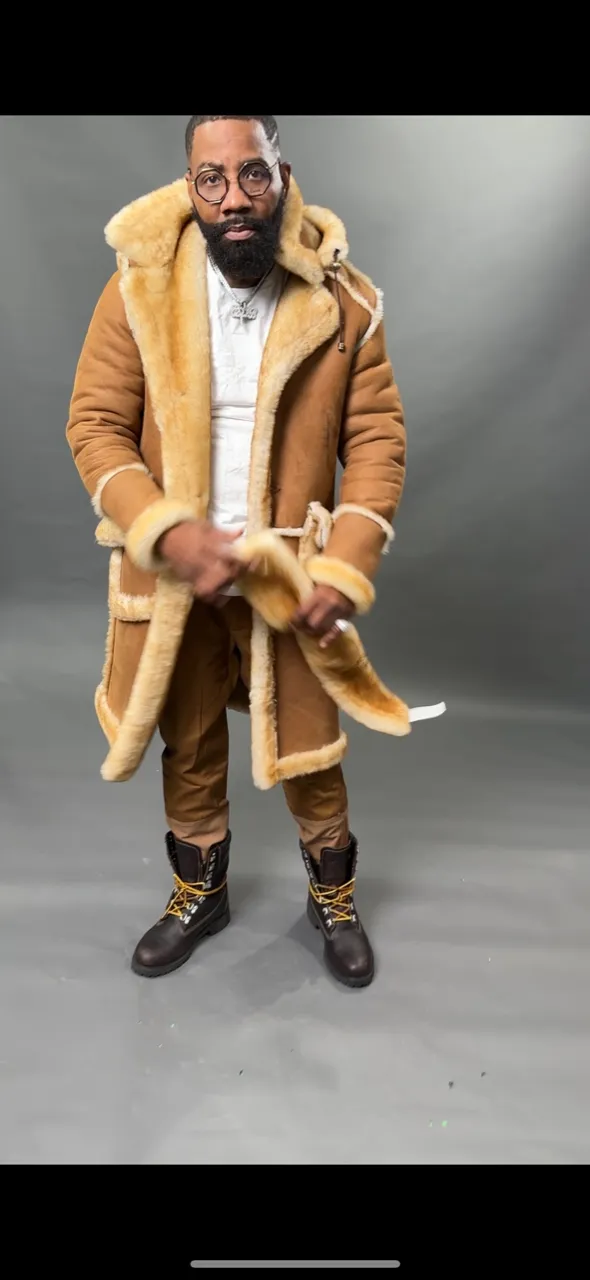 Men's Davey Crockett Sheepskin Shearling Coat With Headband [Tan]