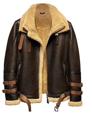 Men's Dunkirk Tom Hardy B3 Raf Real Sheepskin Sherling Brown Leather Jacket