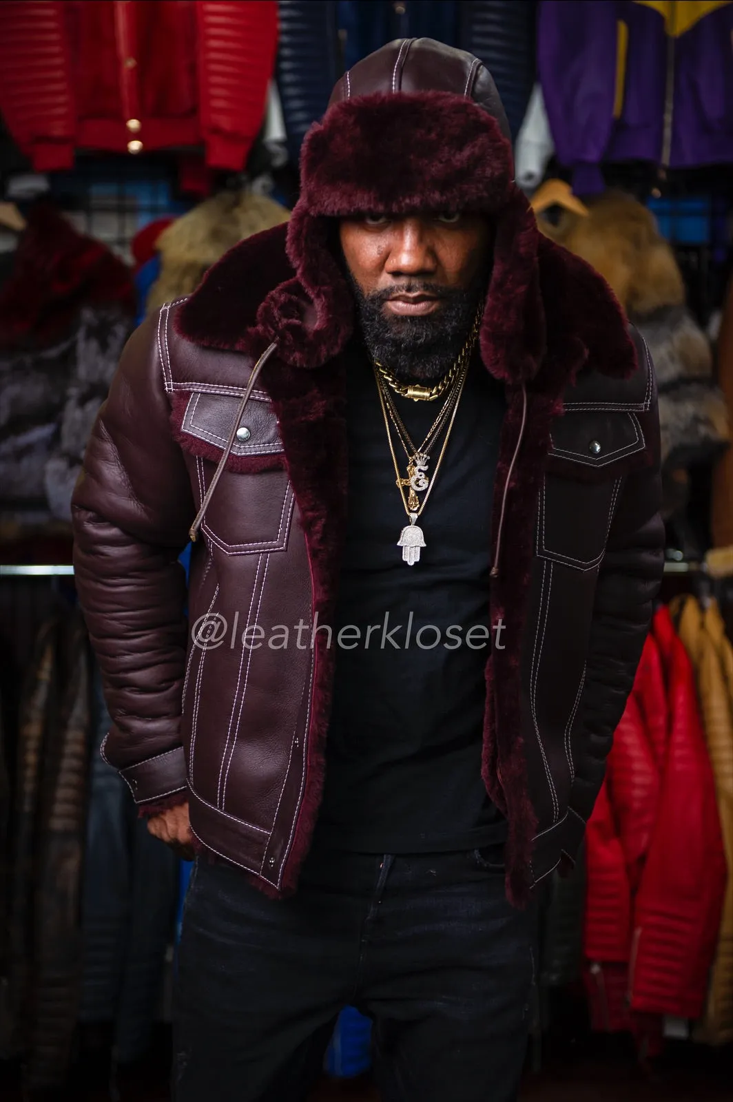 Mens Troy Shearling With Matching Hat [Wine]