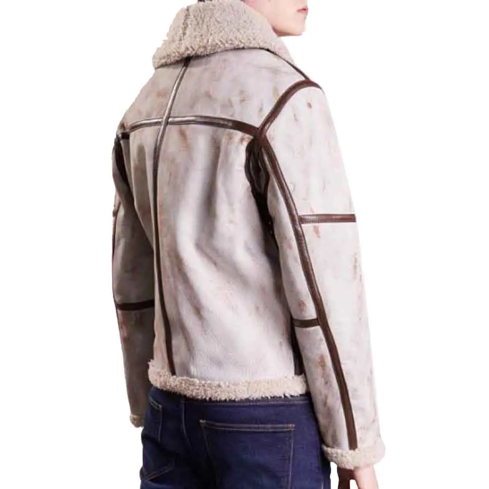 Men's White Waxed Shearling Aviator Leather Jacket