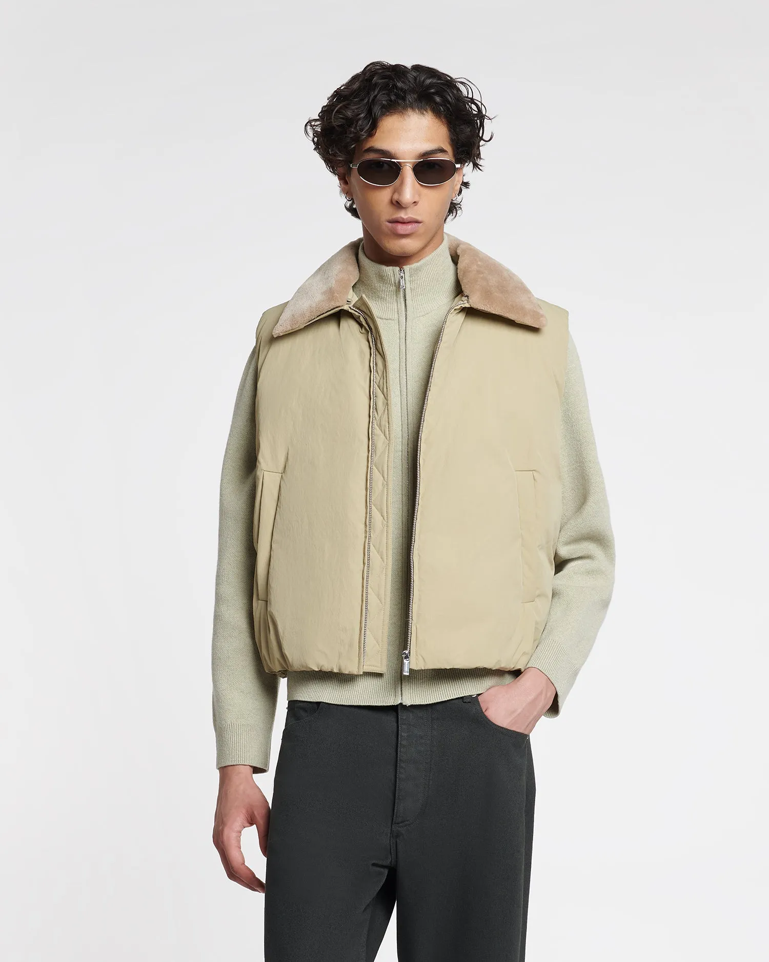 Mexim - Faux Fur and Tech Nylon Vest - Sage/ Beige