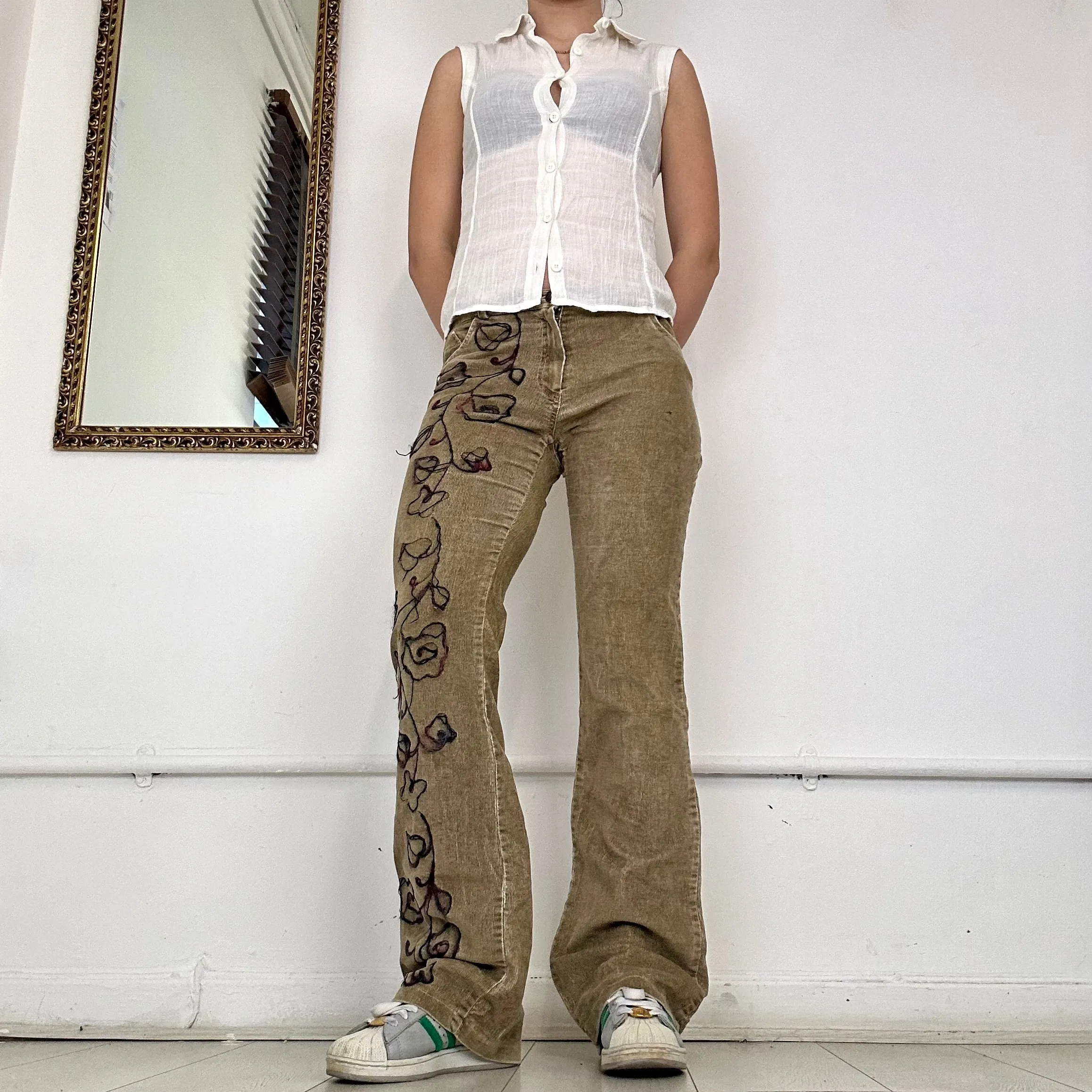 morgan de toi brown corduroy embroidered trousers