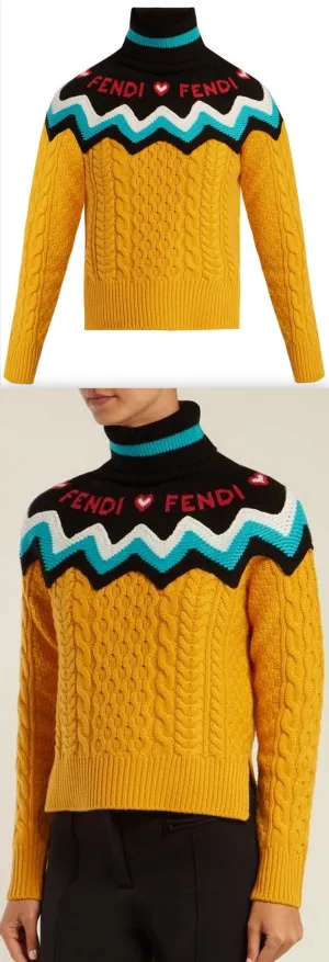 Multicolour Roll-Neck Wool and Cashmere Blend Sweater, Yellow