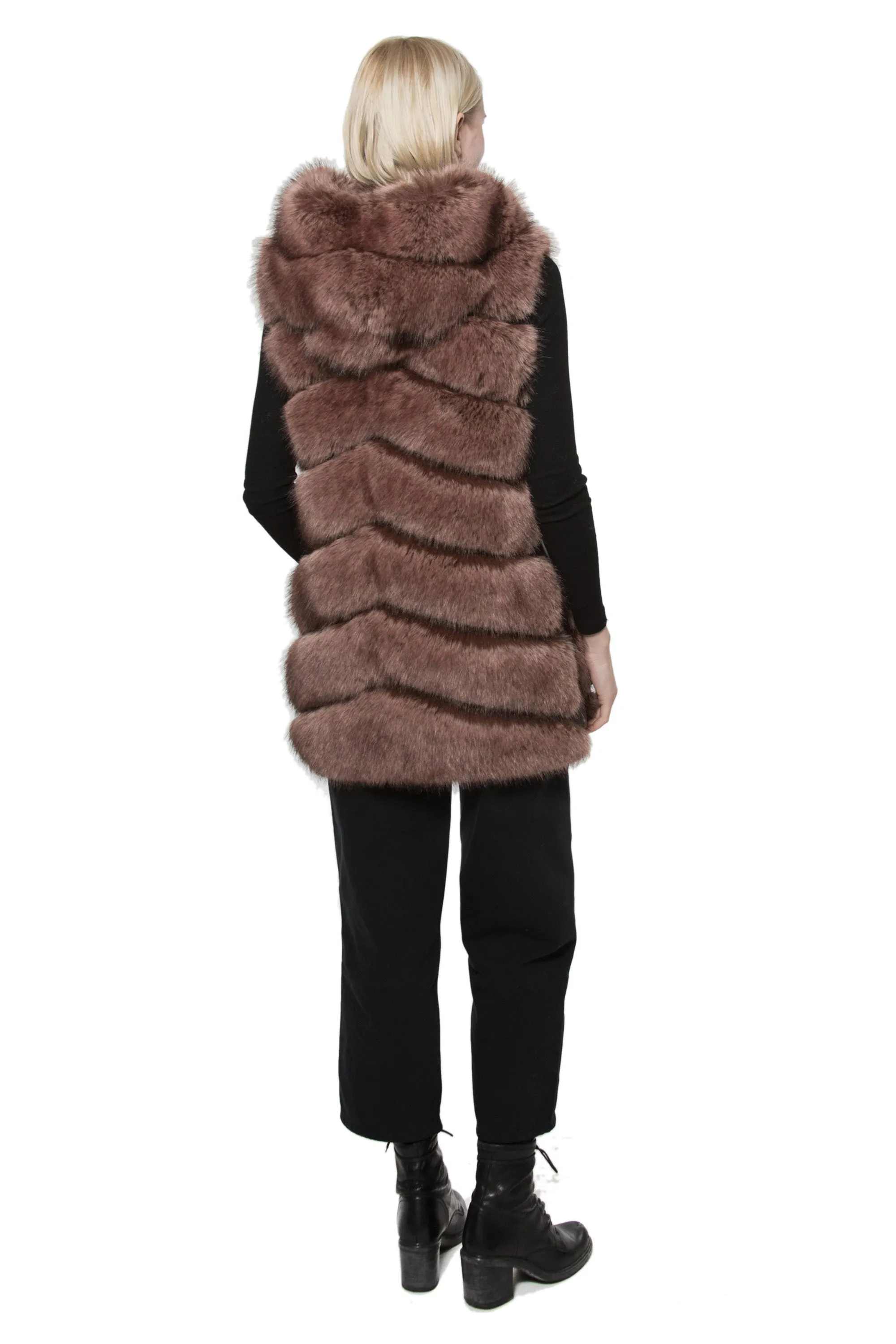 NANTES - Chevron Faux Fur Longline Hooded Vest