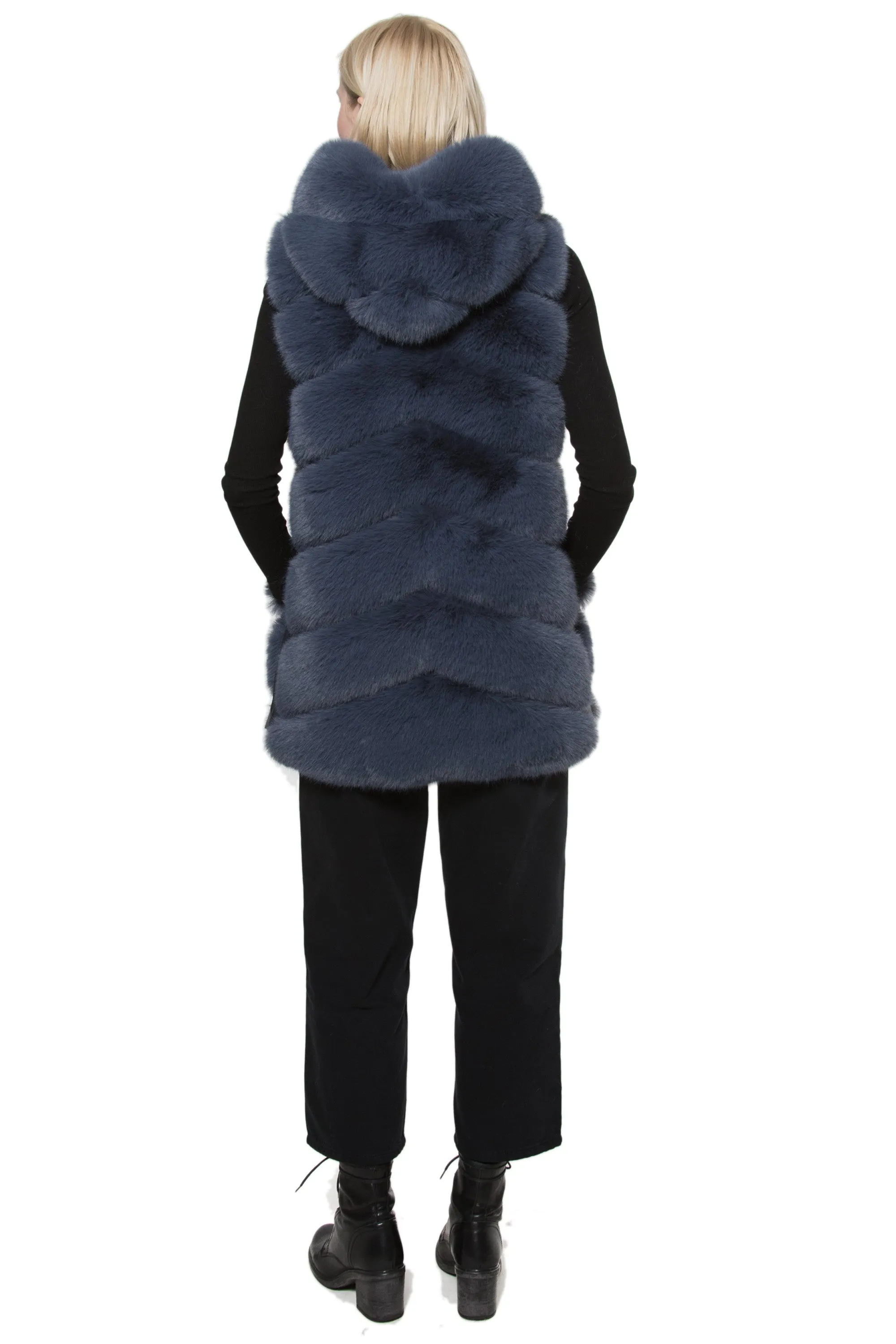 NANTES - Chevron Faux Fur Longline Hooded Vest