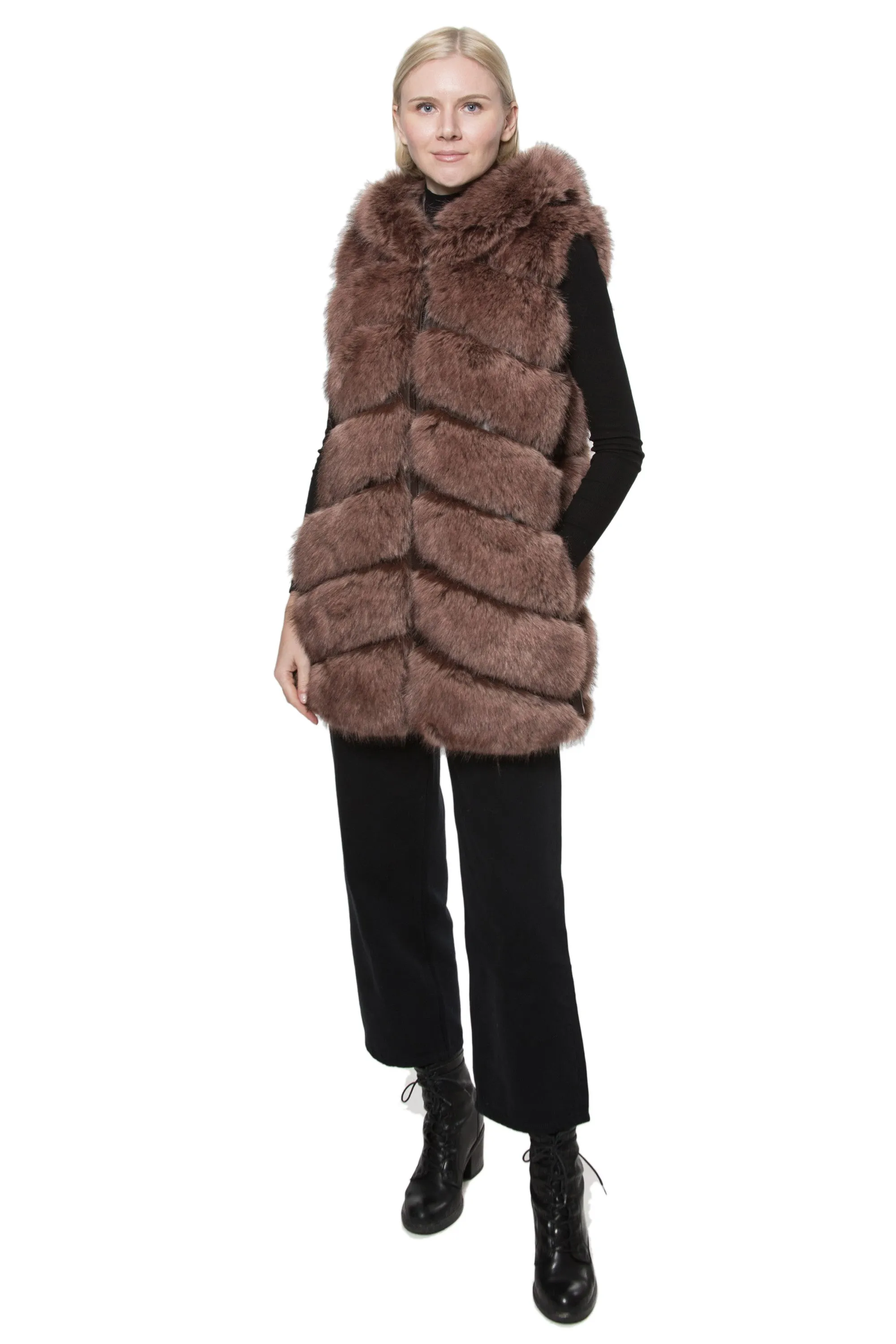 NANTES - Chevron Faux Fur Longline Hooded Vest