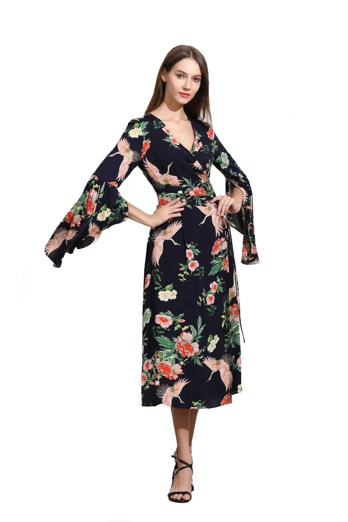 Navy Angel Sleeve with Pink Cranes and Peonies Wrap Dress