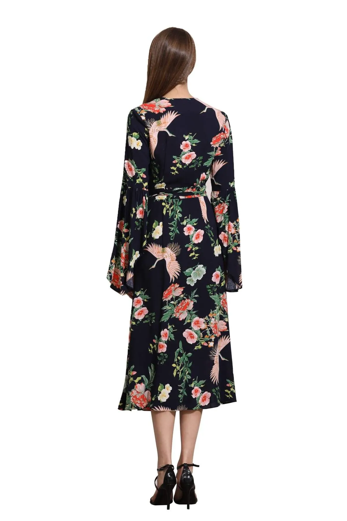 Navy Angel Sleeve with Pink Cranes and Peonies Wrap Dress