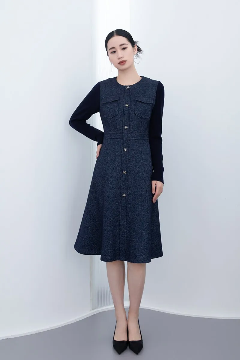 Navy Blue Woolen Slim Midi Dress