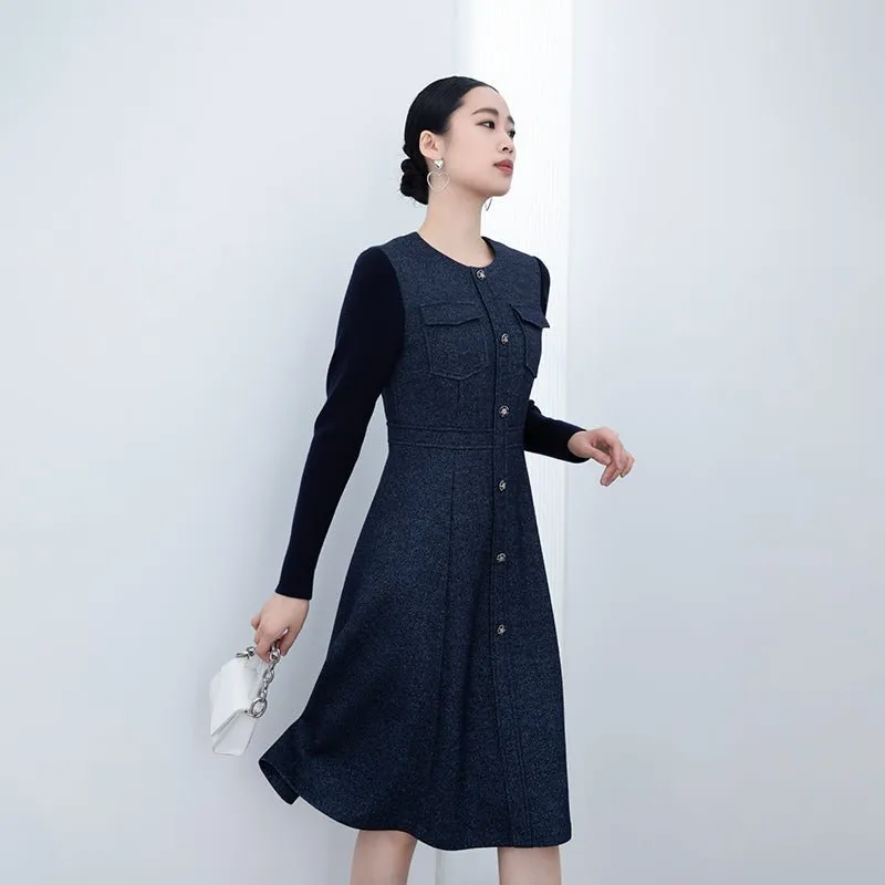 Navy Blue Woolen Slim Midi Dress