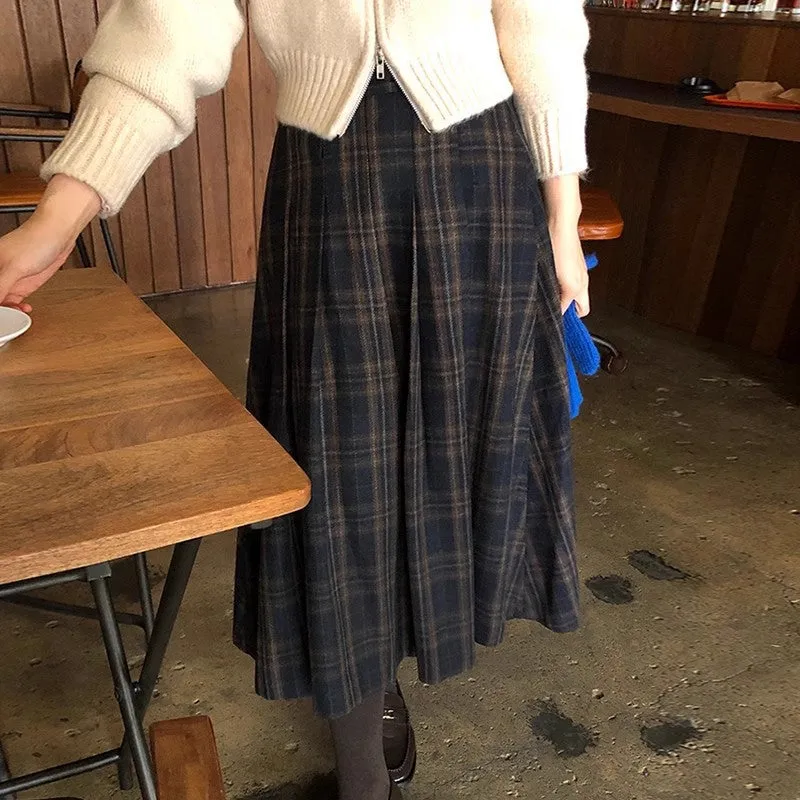 Purpdrank fashion outfits Chic Autumn and Winter Retro High Waist Slimming Contrast Color Plaid Design A- line Woolen Skirt