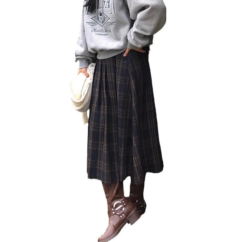 Purpdrank fashion outfits Chic Autumn and Winter Retro High Waist Slimming Contrast Color Plaid Design A- line Woolen Skirt