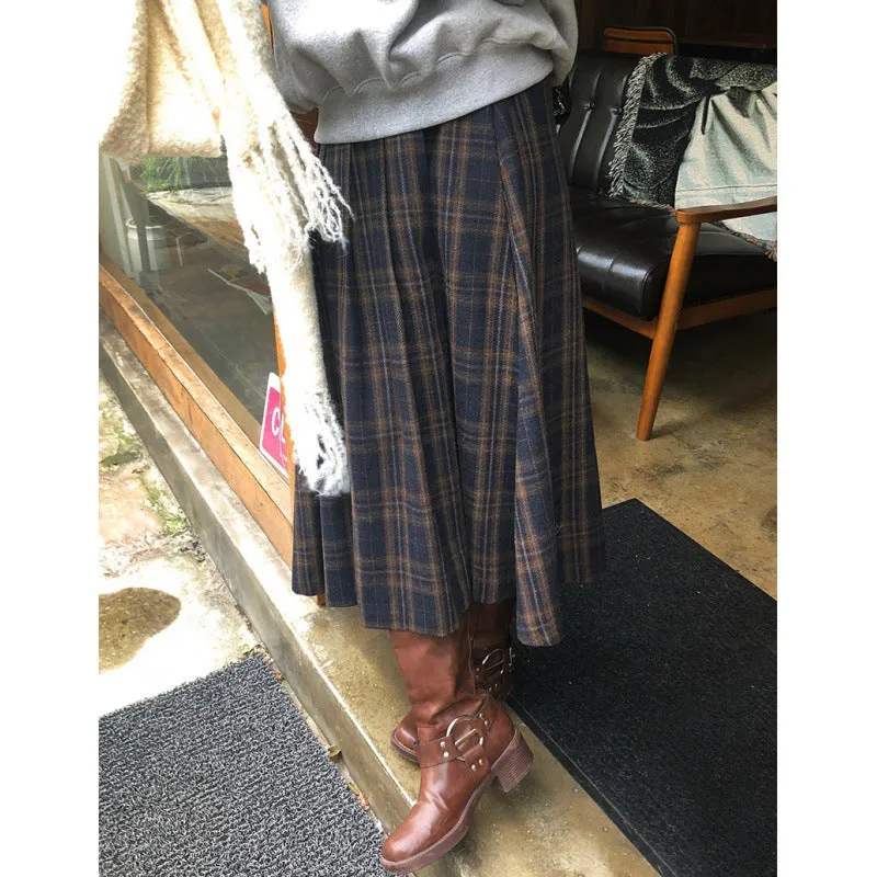 Purpdrank fashion outfits Chic Autumn and Winter Retro High Waist Slimming Contrast Color Plaid Design A- line Woolen Skirt