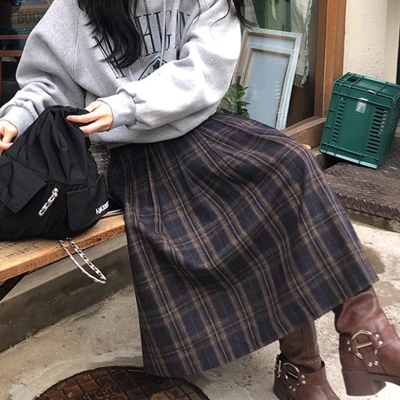 Purpdrank fashion outfits Chic Autumn and Winter Retro High Waist Slimming Contrast Color Plaid Design A- line Woolen Skirt