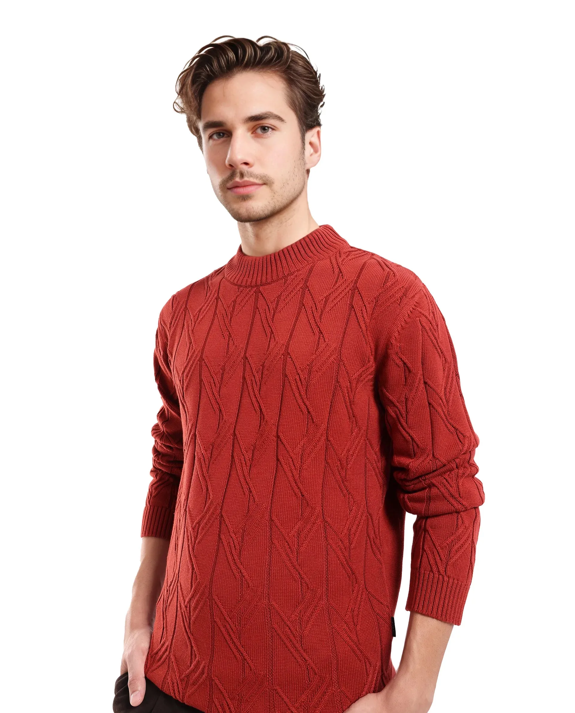 Rare Rabbit Men's Caloz Rust Cotton Fabric Full Sleeve High Neck Regular Fit Cable Knit Sweater