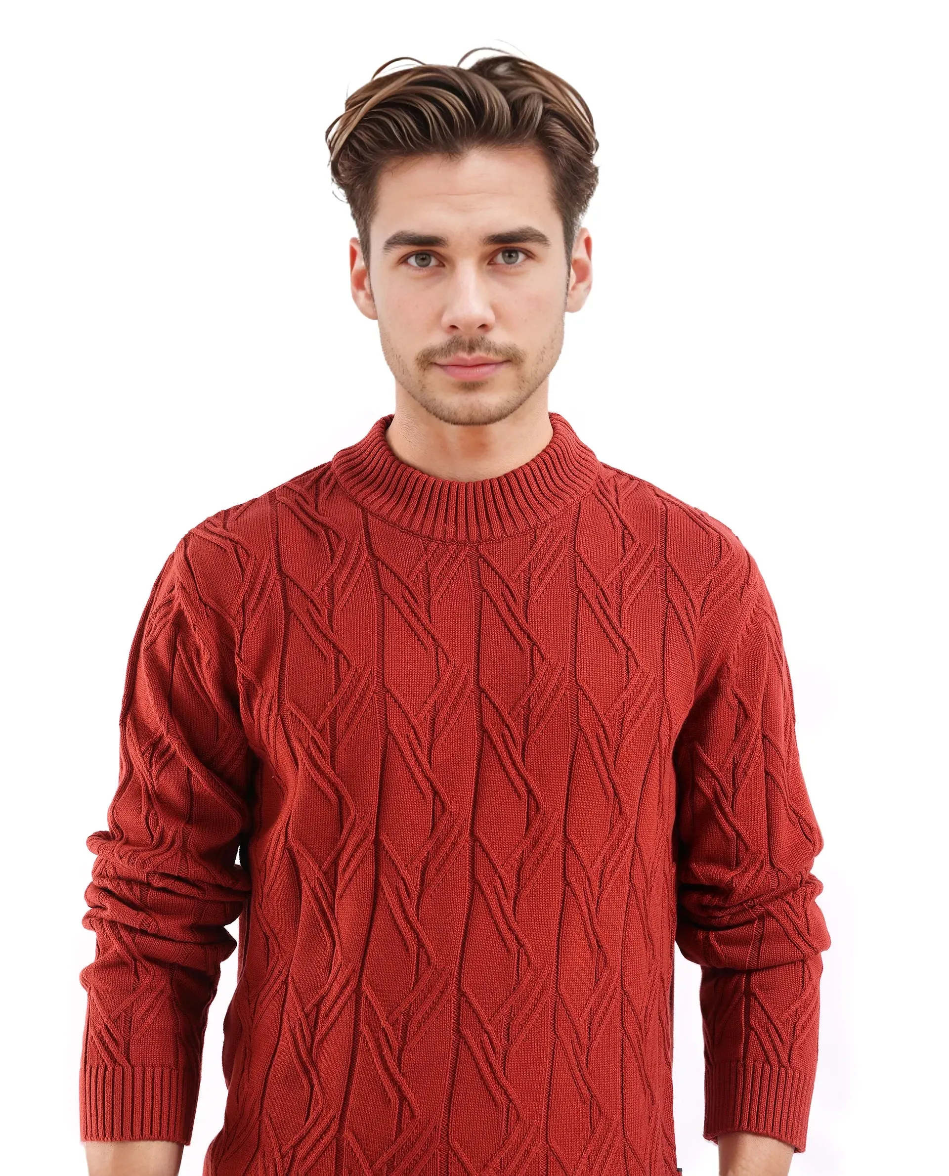 Rare Rabbit Men's Caloz Rust Cotton Fabric Full Sleeve High Neck Regular Fit Cable Knit Sweater