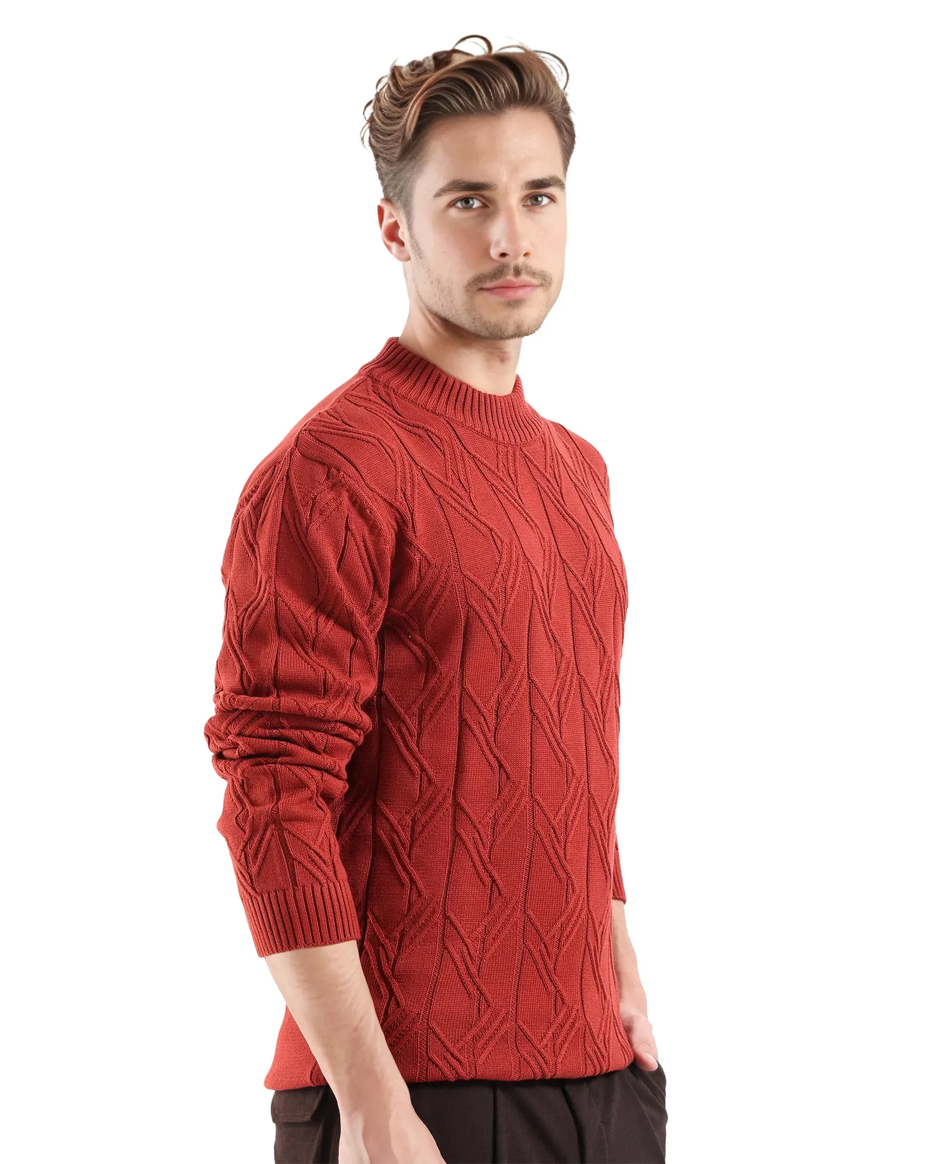 Rare Rabbit Men's Caloz Rust Cotton Fabric Full Sleeve High Neck Regular Fit Cable Knit Sweater