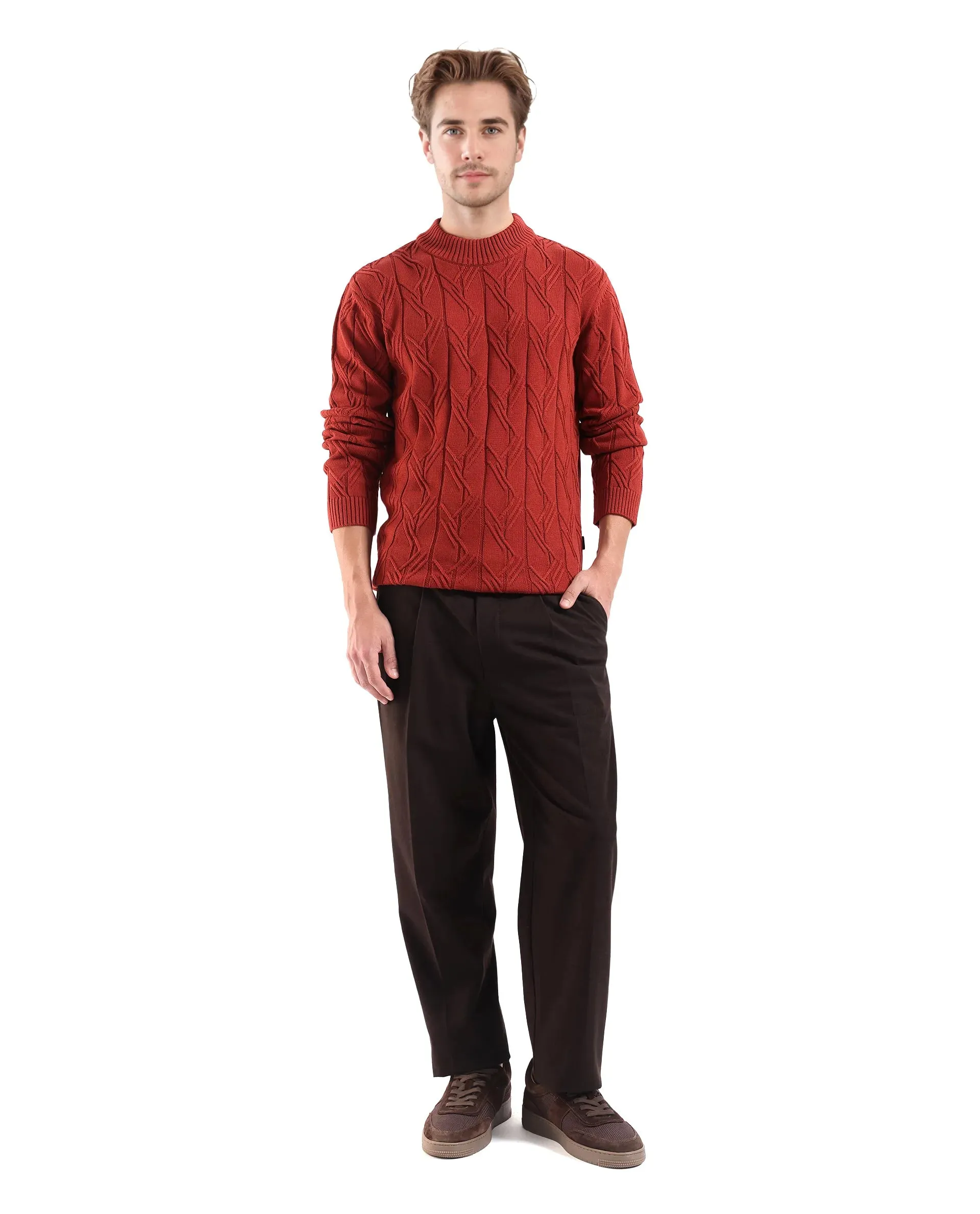 Rare Rabbit Men's Caloz Rust Cotton Fabric Full Sleeve High Neck Regular Fit Cable Knit Sweater