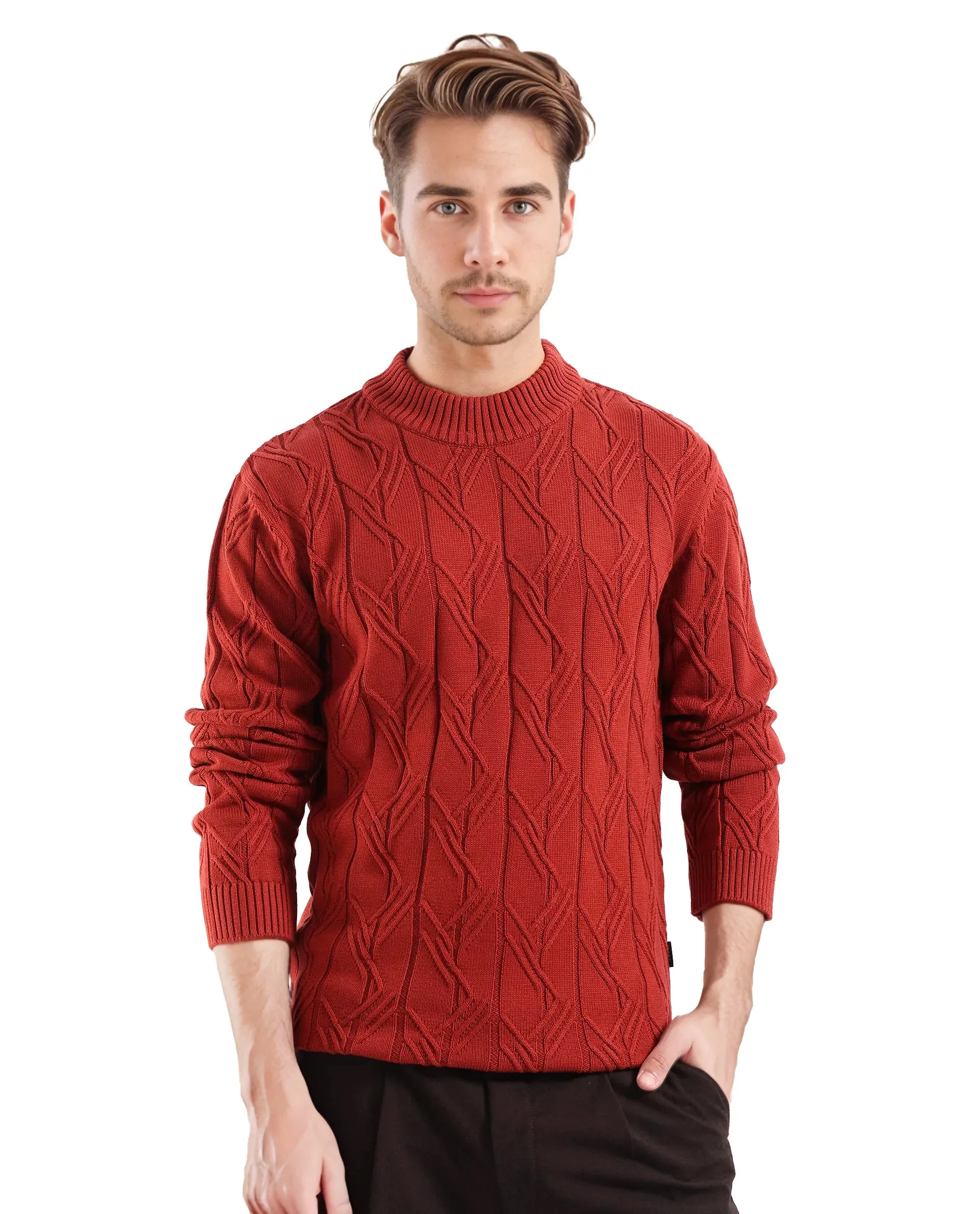 Rare Rabbit Men's Caloz Rust Cotton Fabric Full Sleeve High Neck Regular Fit Cable Knit Sweater