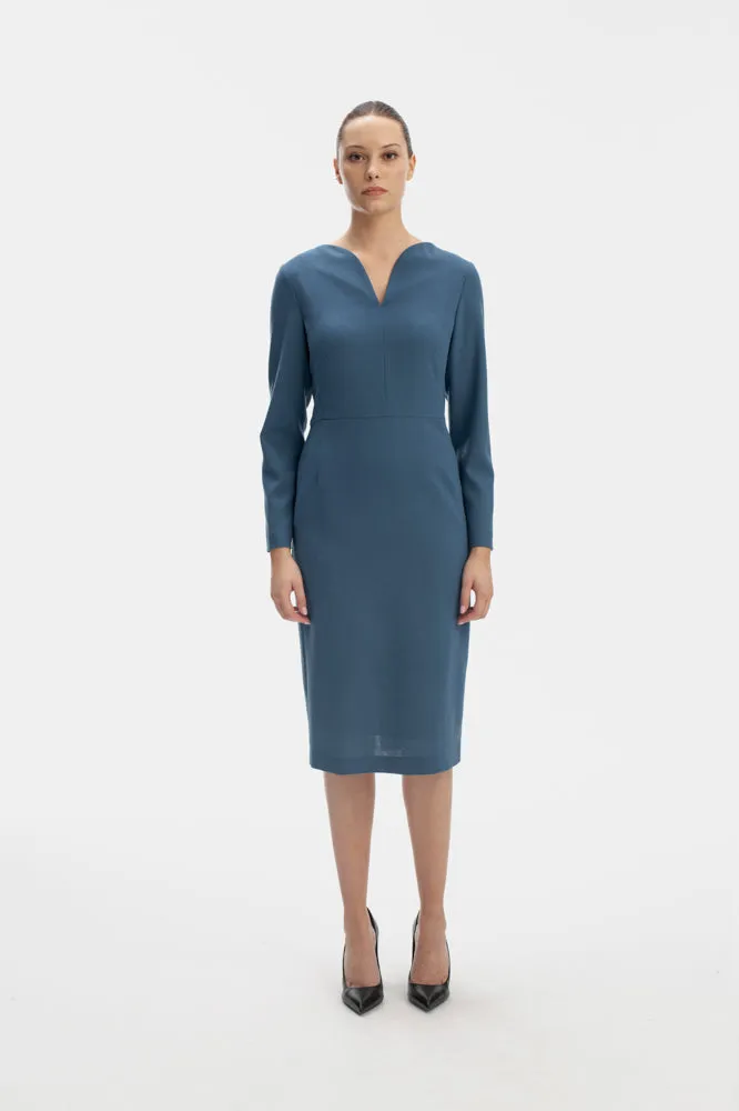 REAL TEAL WOOLEN LONG-SLEEVE MIDI DRESS