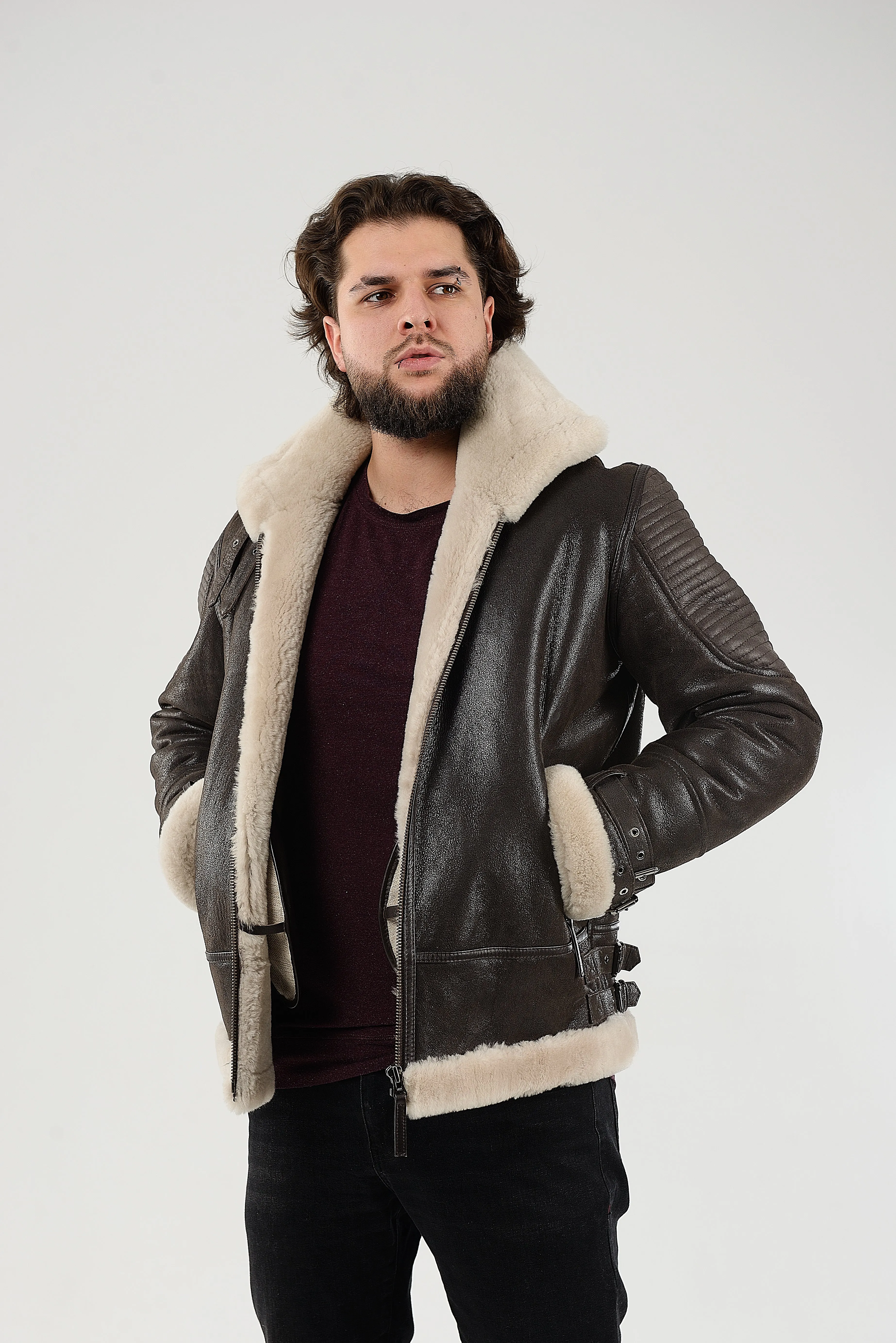 Real Winter Leather Mens Shearling Heiko Jacket with Fur Collar