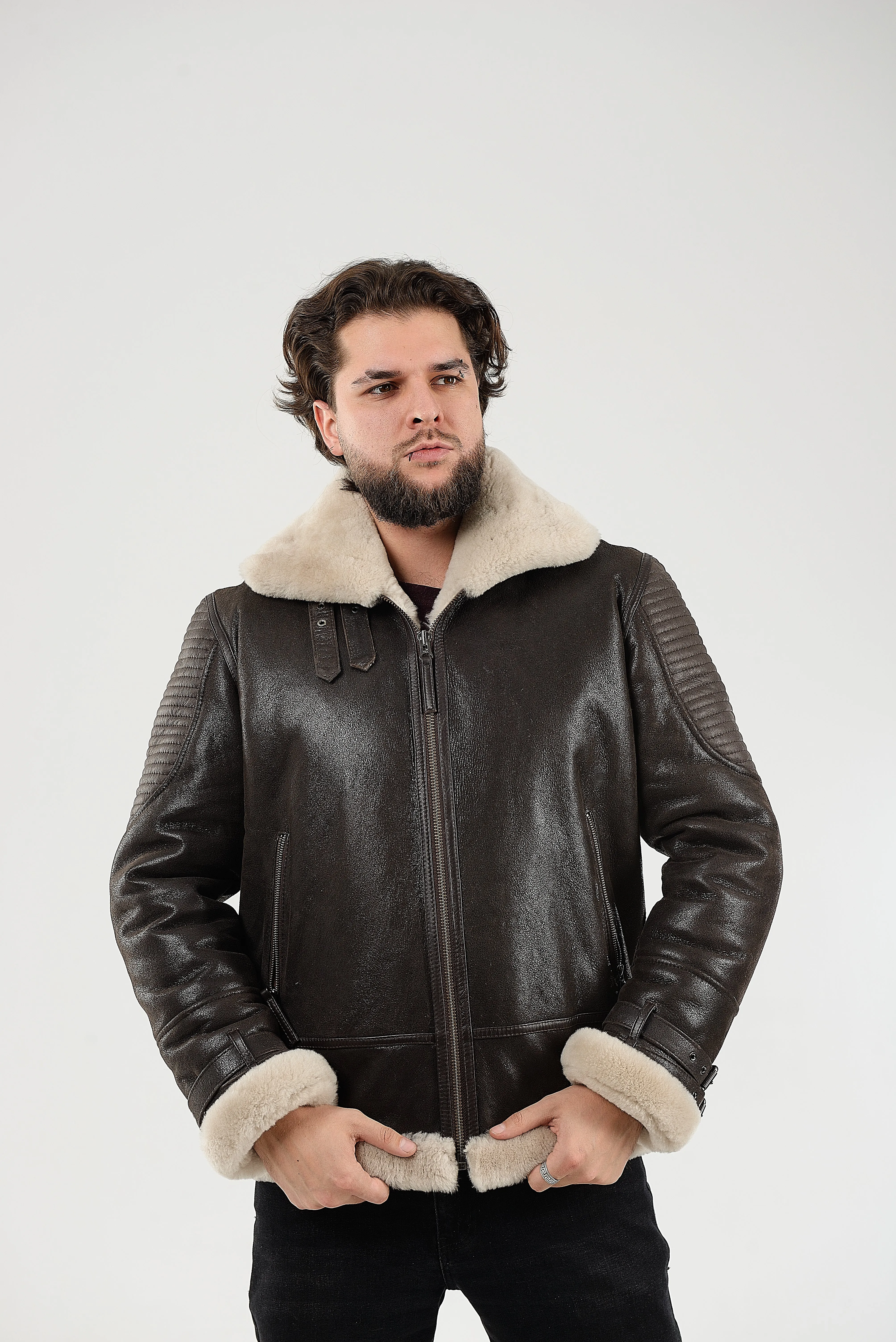 Real Winter Leather Mens Shearling Heiko Jacket with Fur Collar