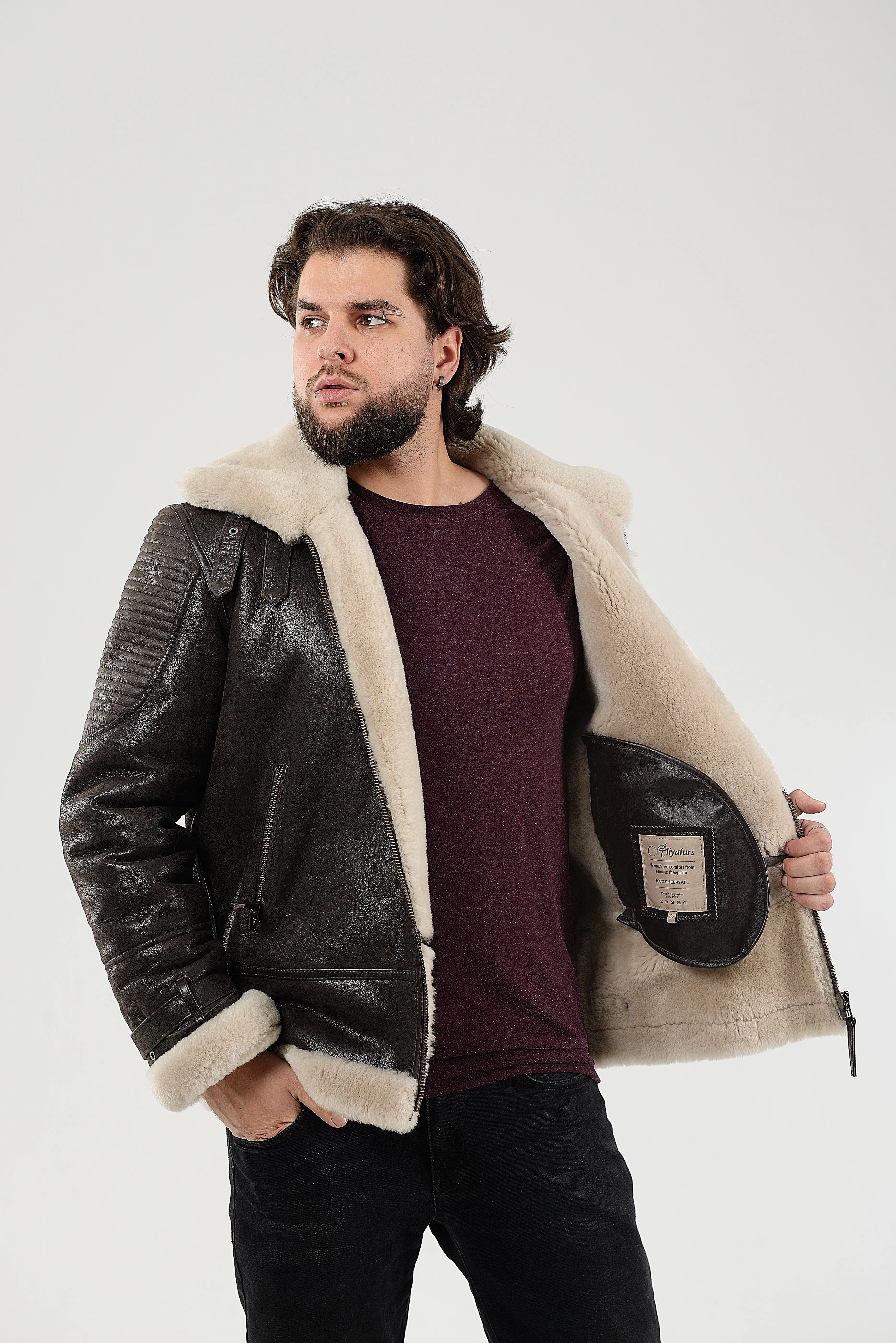 Real Winter Leather Mens Shearling Heiko Jacket with Fur Collar