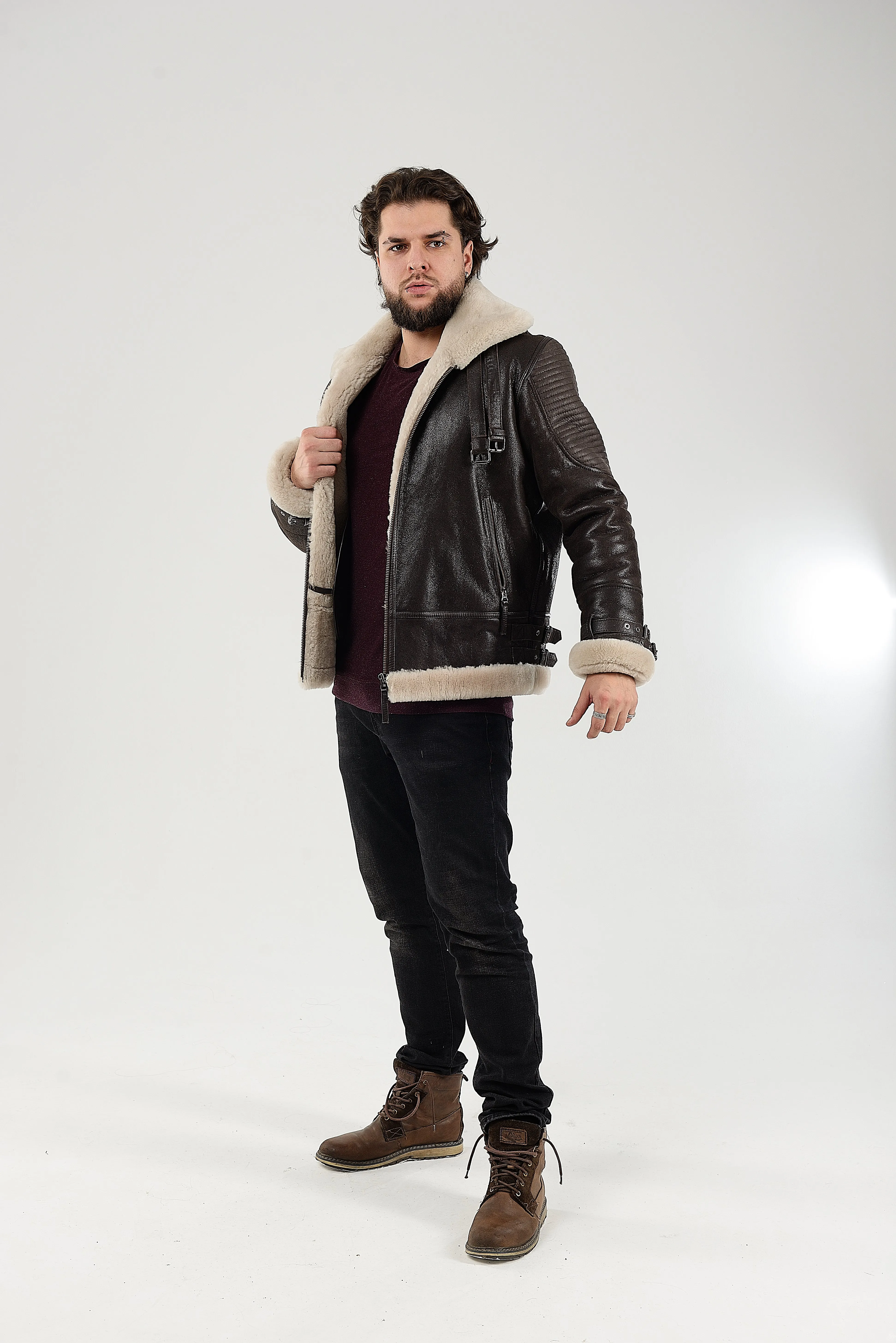 Real Winter Leather Mens Shearling Heiko Jacket with Fur Collar