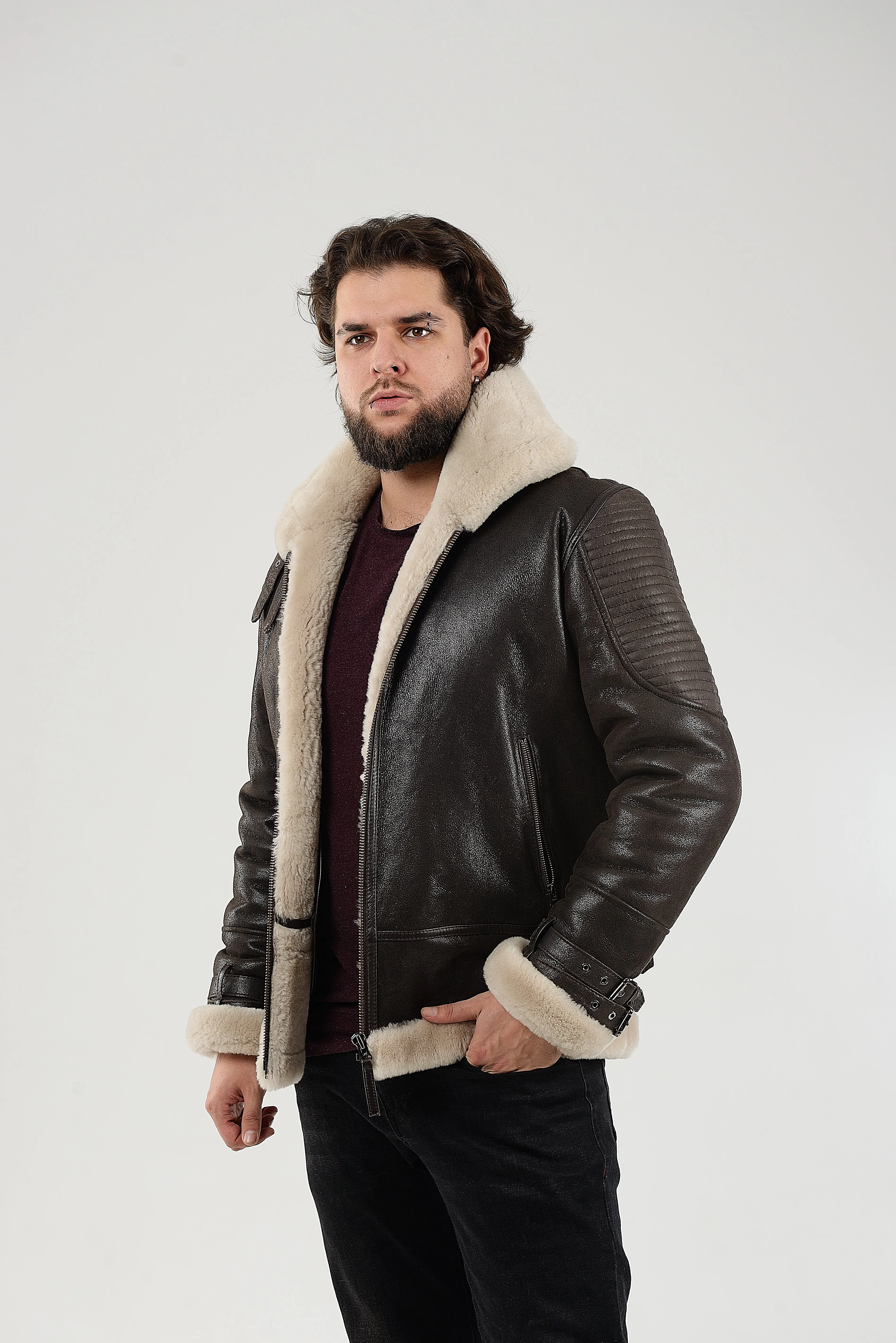 Real Winter Leather Mens Shearling Heiko Jacket with Fur Collar